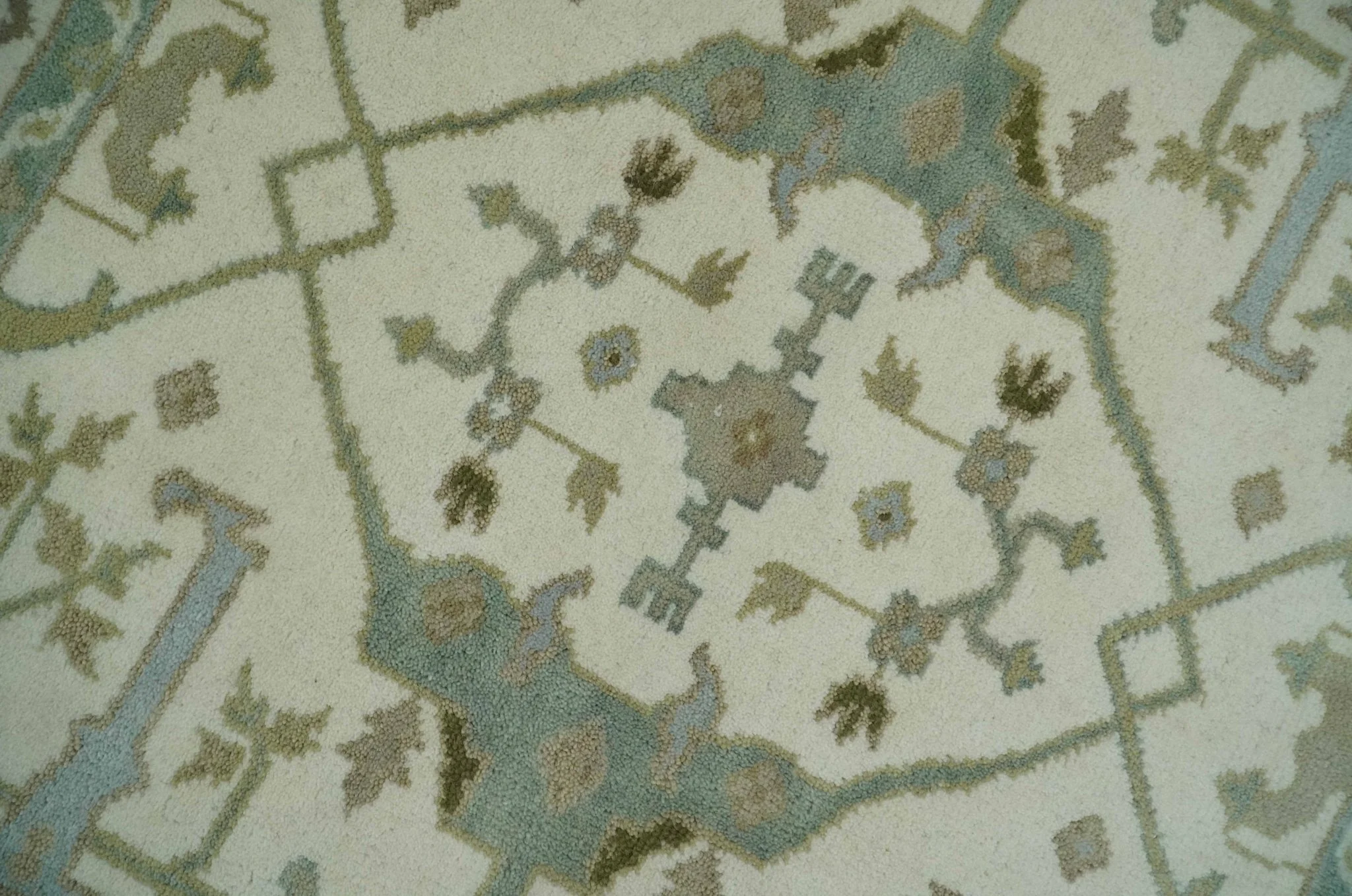 Hand Knotted Oriental Oushak Ivory and Teal Wool Area Rug - Image 4