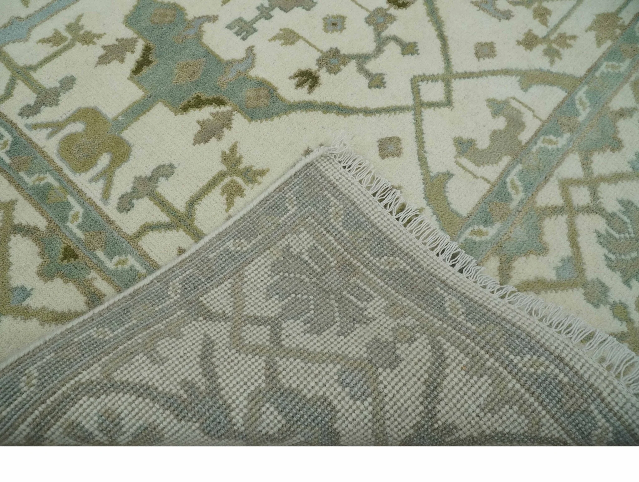 Hand Knotted Oriental Oushak Ivory and Teal Wool Area Rug - Image 6