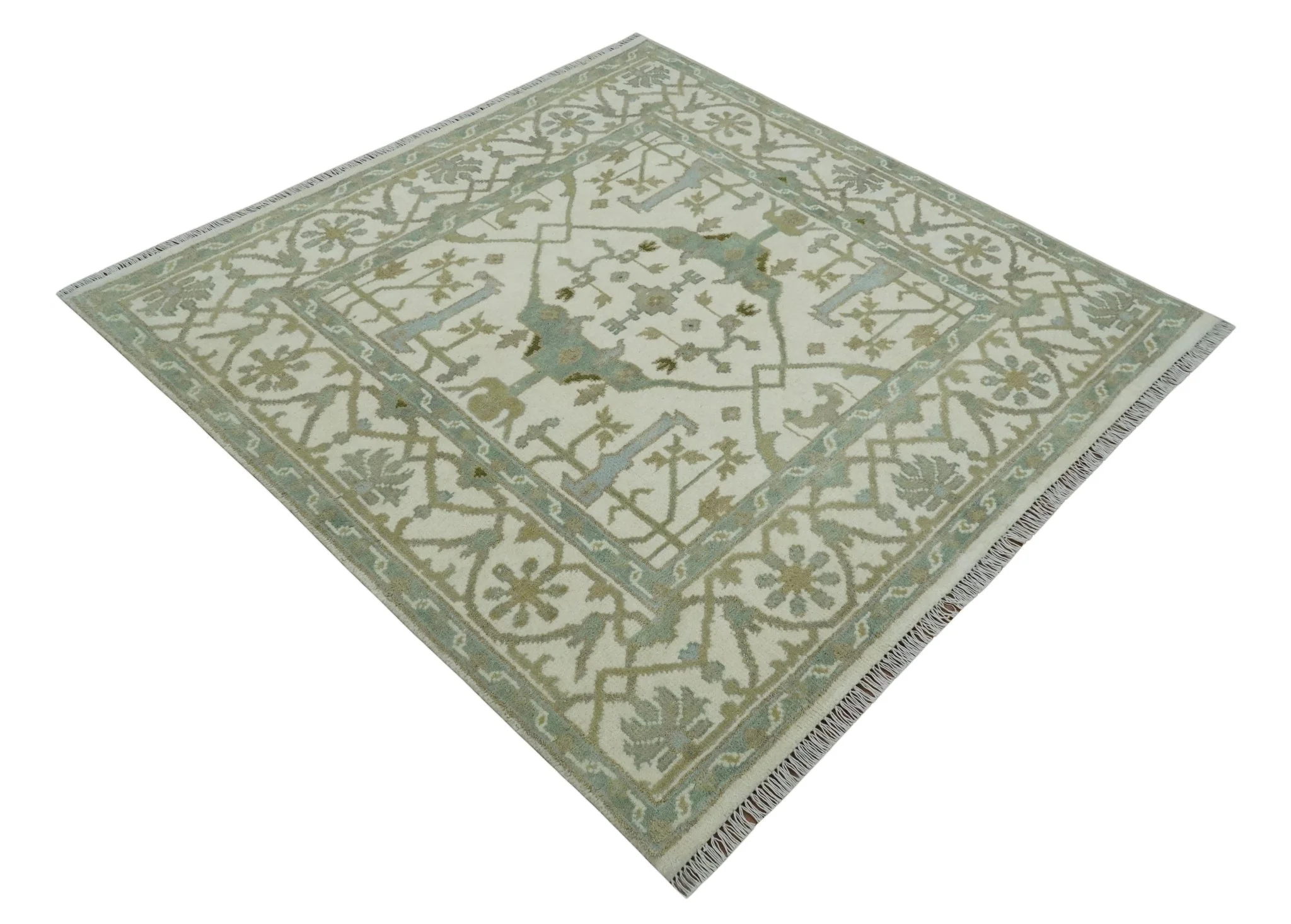 Hand Knotted Oriental Oushak Ivory and Teal Wool Area Rug - Image 8