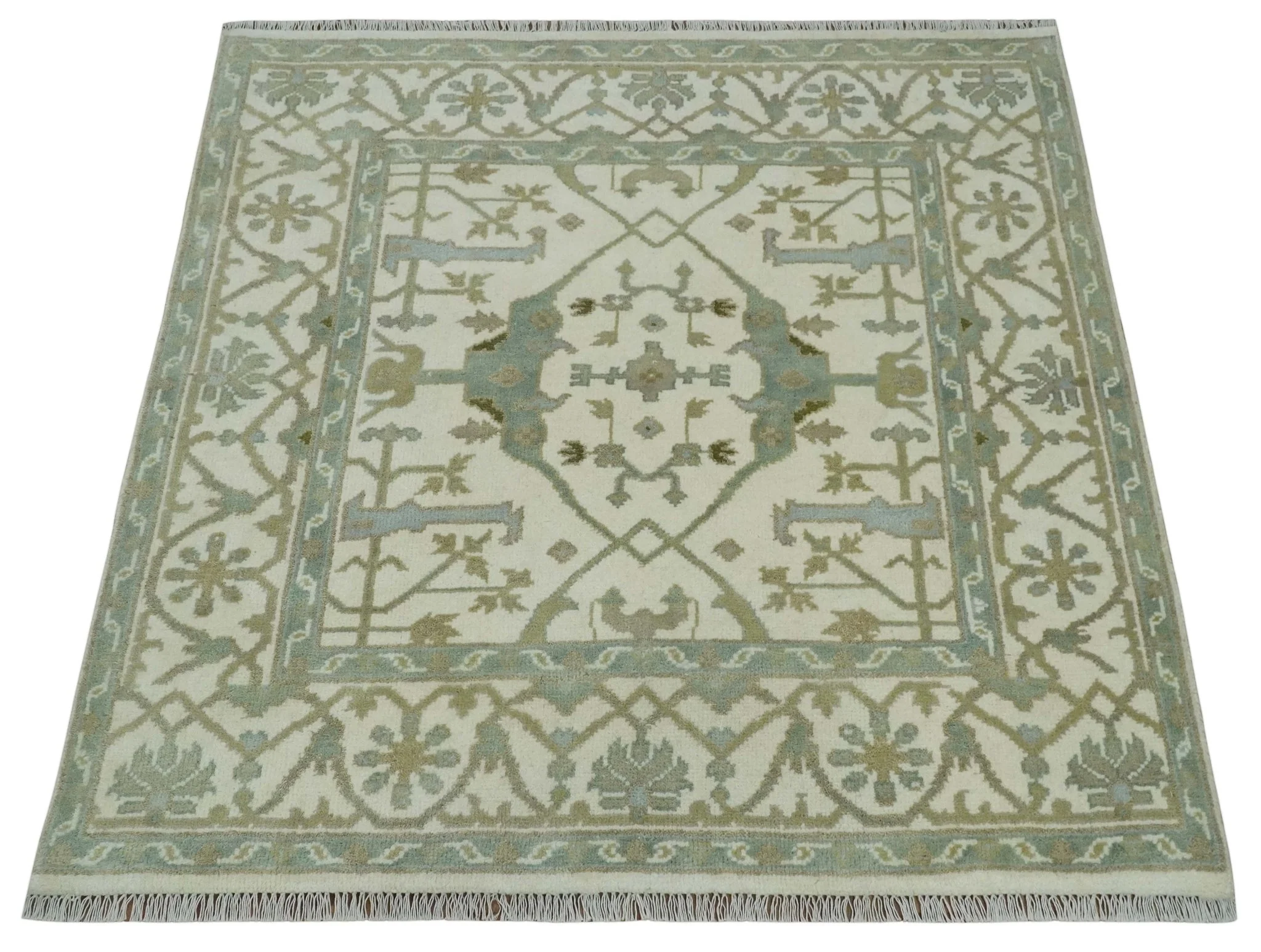 Hand Knotted Oriental Oushak Ivory and Teal Wool Area Rug - Image 9
