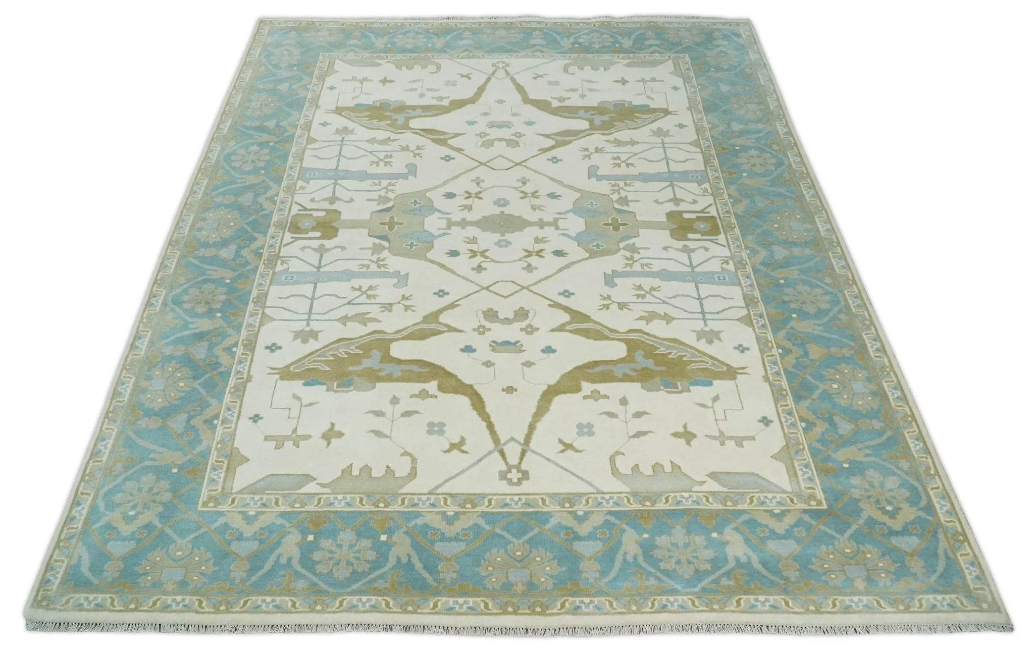 Made to Order Hand Knotted Oriental Oushak Ivory, Aqua and Beige Wool Area Rug - Image 10