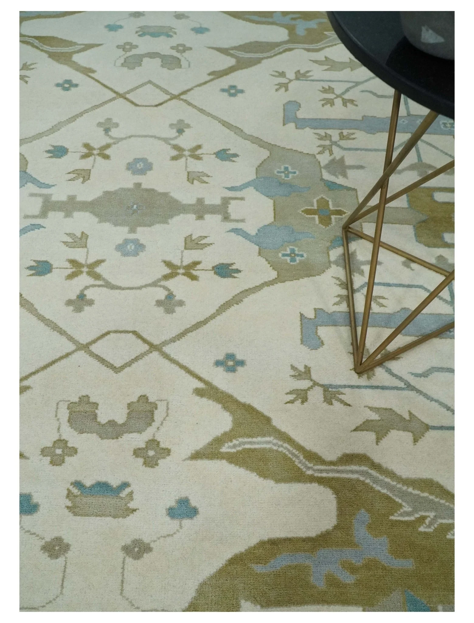 Made to Order Hand Knotted Oriental Oushak Ivory, Aqua and Beige Wool Area Rug - Image 2
