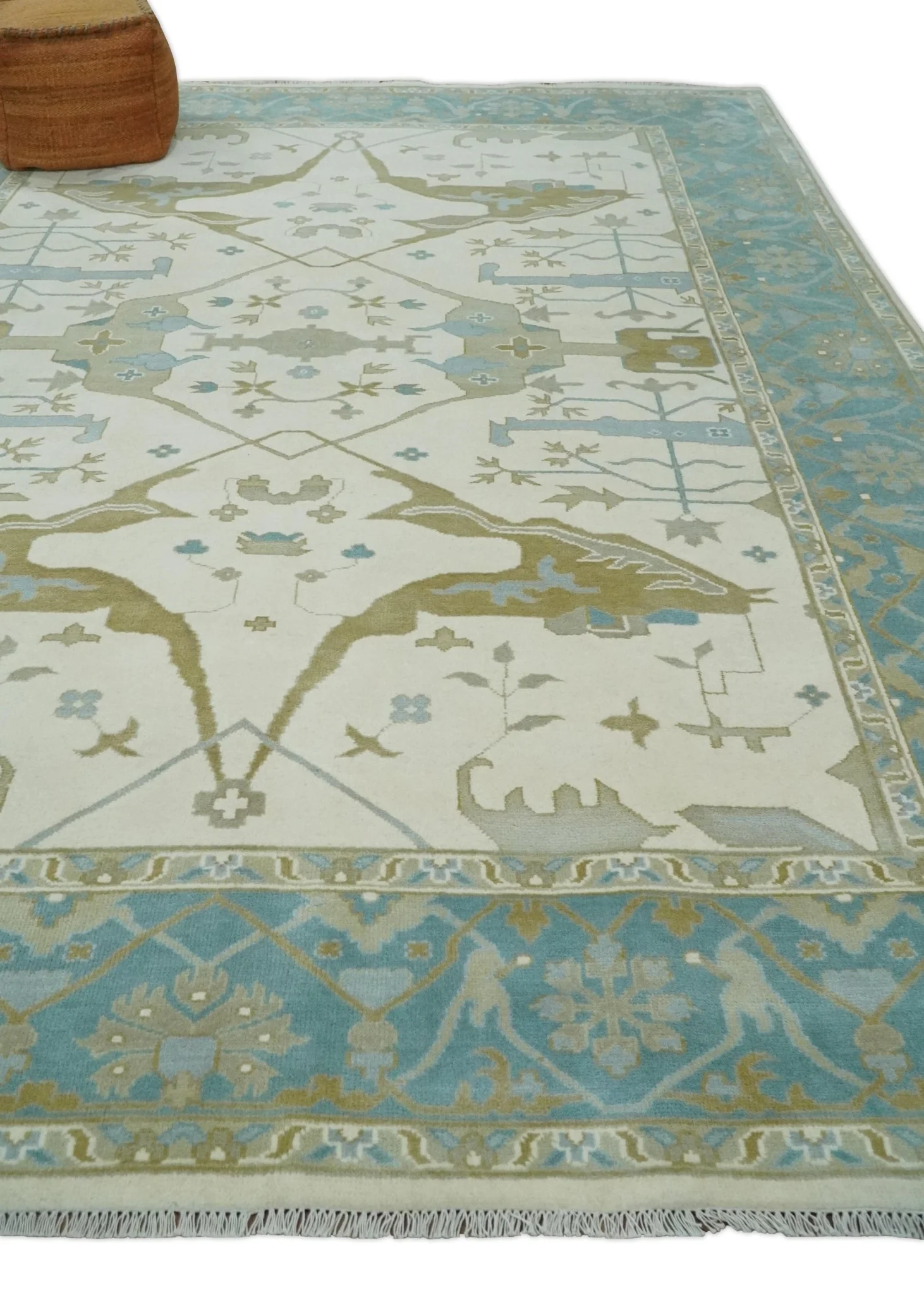 Made to Order Hand Knotted Oriental Oushak Ivory, Aqua and Beige Wool Area Rug - Image 3