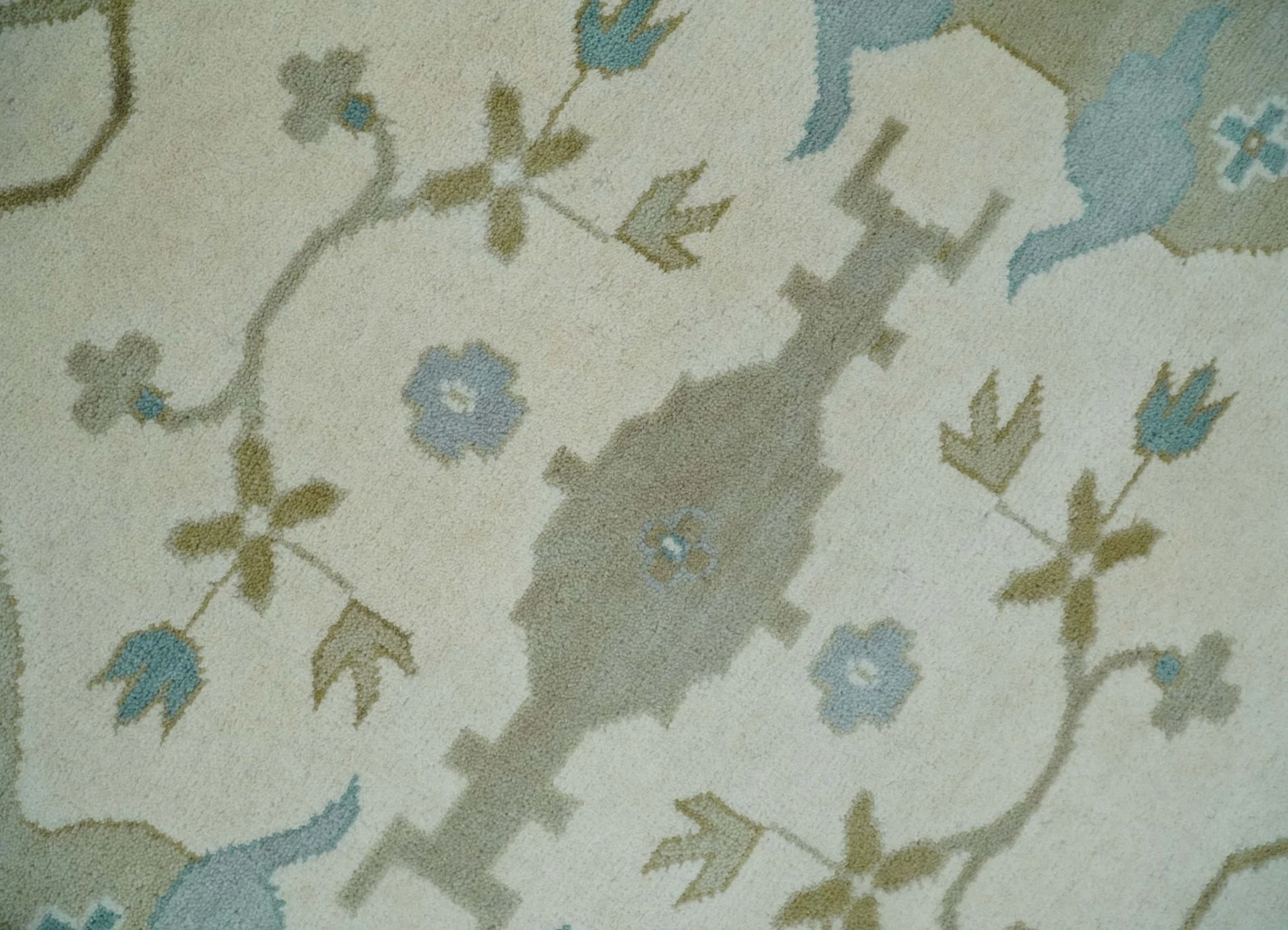 Made to Order Hand Knotted Oriental Oushak Ivory, Aqua and Beige Wool Area Rug - Image 4