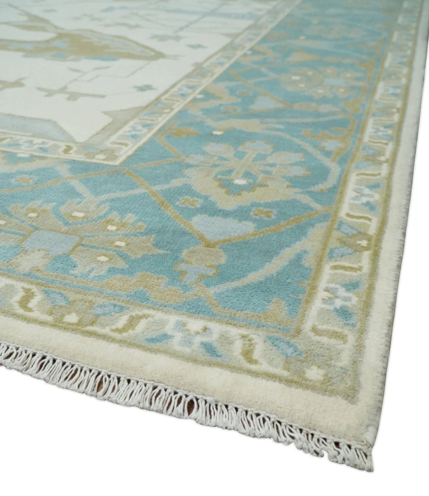 Made to Order Hand Knotted Oriental Oushak Ivory, Aqua and Beige Wool Area Rug - Image 5