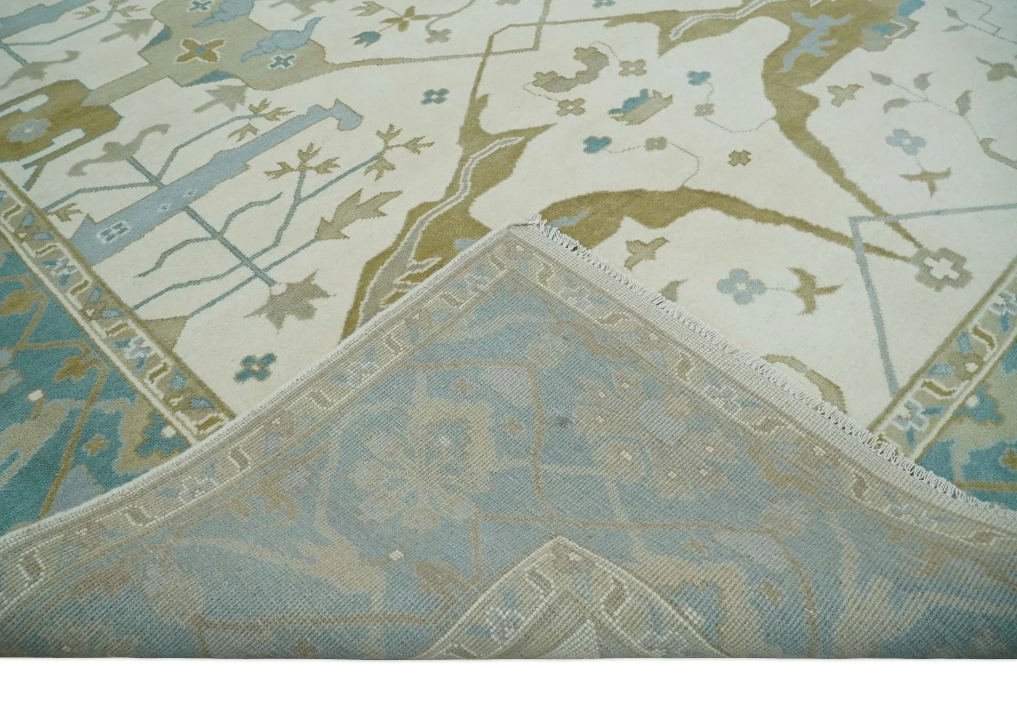 Made to Order Hand Knotted Oriental Oushak Ivory, Aqua and Beige Wool Area Rug - Image 7