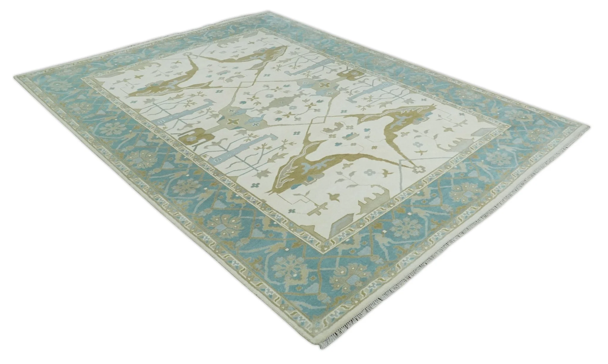 Made to Order Hand Knotted Oriental Oushak Ivory, Aqua and Beige Wool Area Rug - Image 9