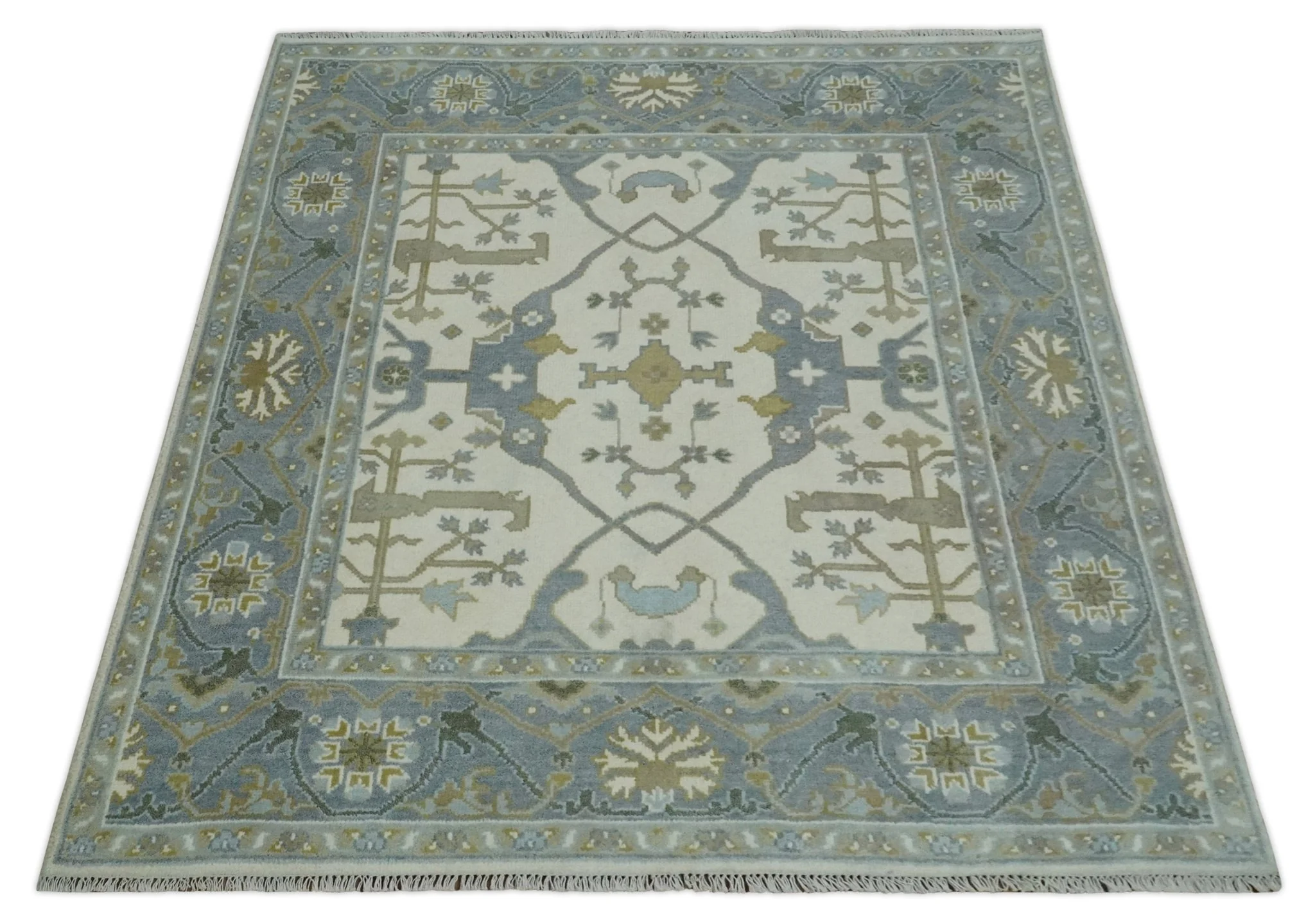 Hand Knotted Oriental Oushak Ivory, Charcoal and Beige Wool Area Rug - Image 10