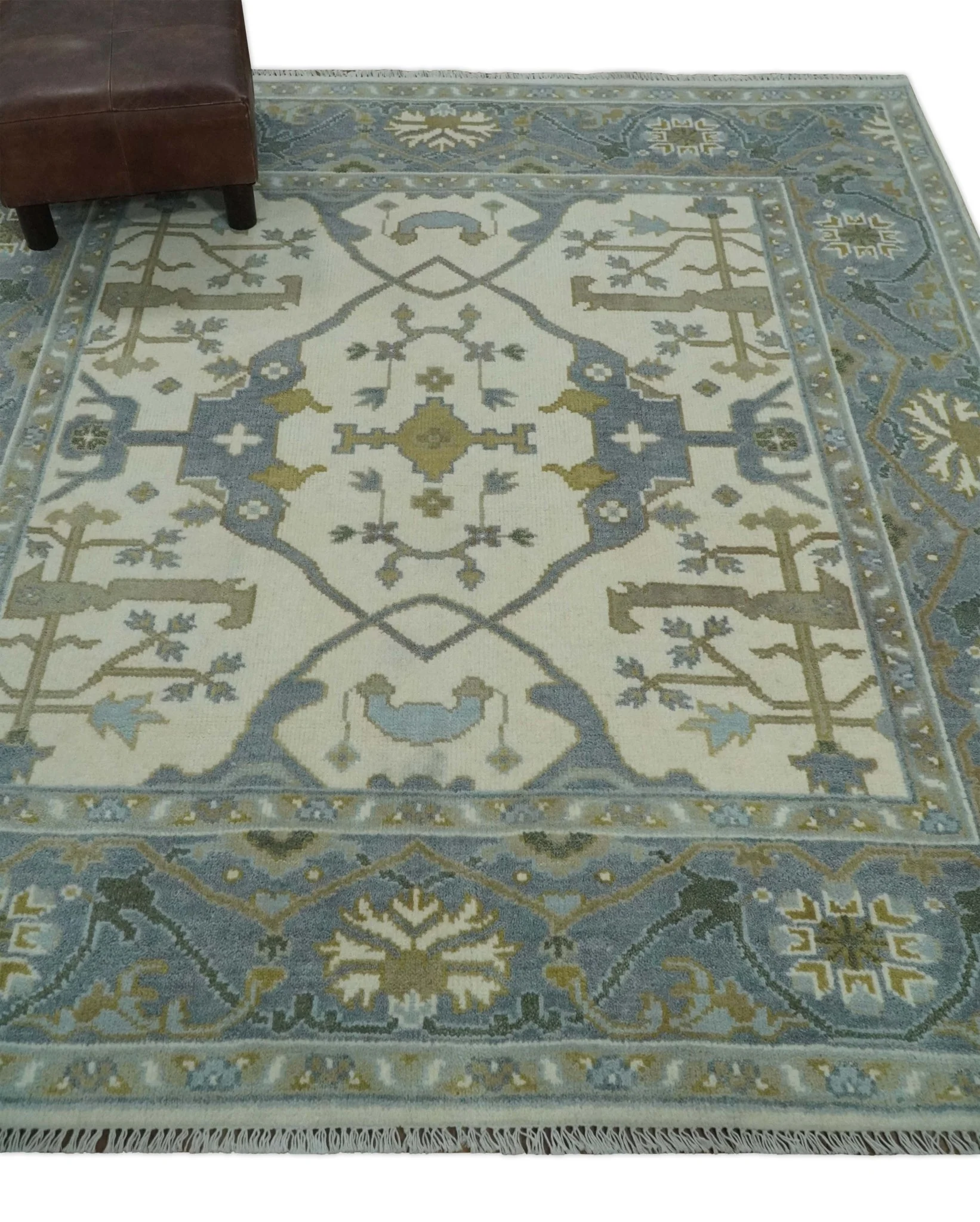 Hand Knotted Oriental Oushak Ivory, Charcoal and Beige Wool Area Rug - Image 3