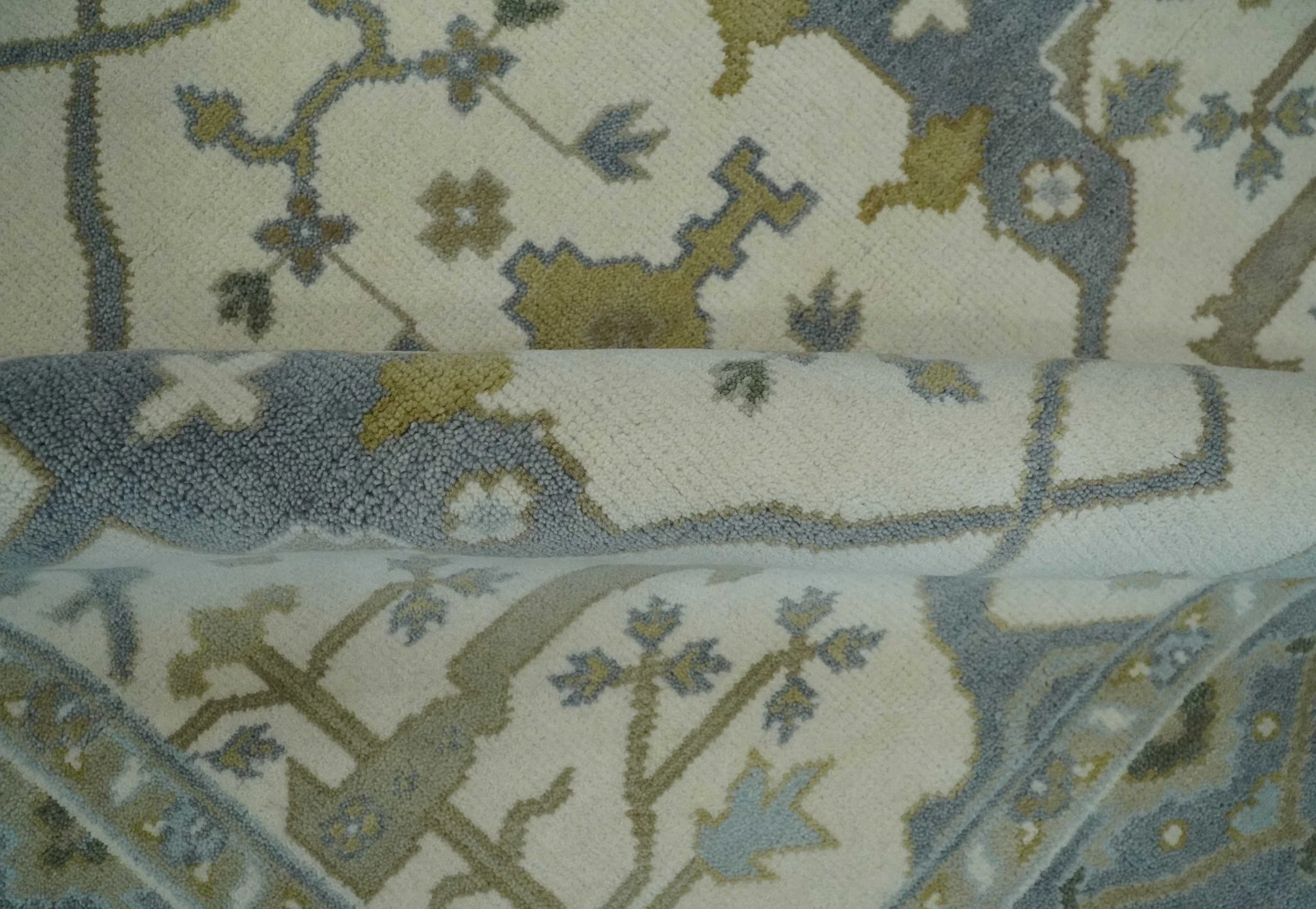 Hand Knotted Oriental Oushak Ivory, Charcoal and Beige Wool Area Rug - Image 6