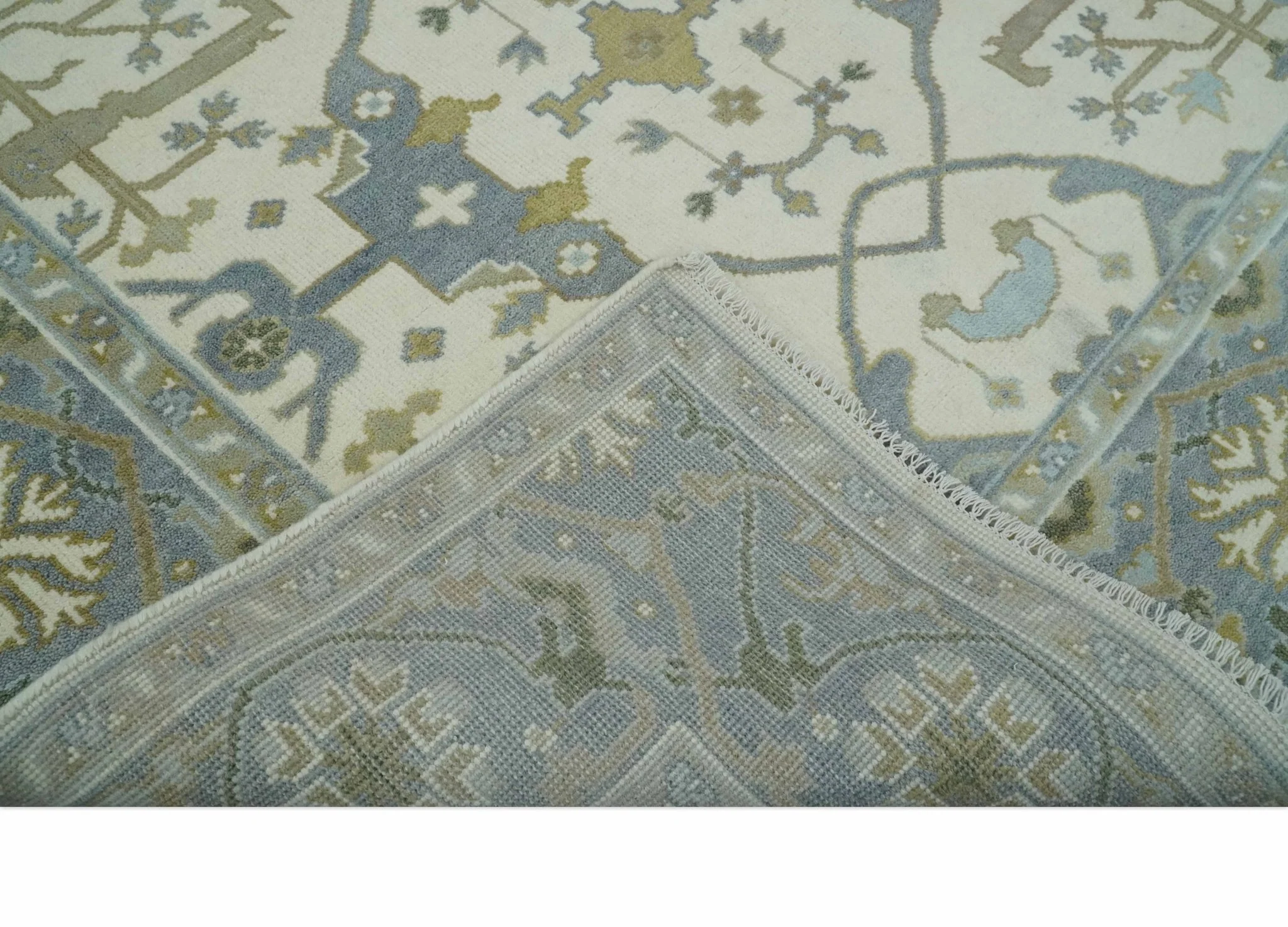 Hand Knotted Oriental Oushak Ivory, Charcoal and Beige Wool Area Rug - Image 7