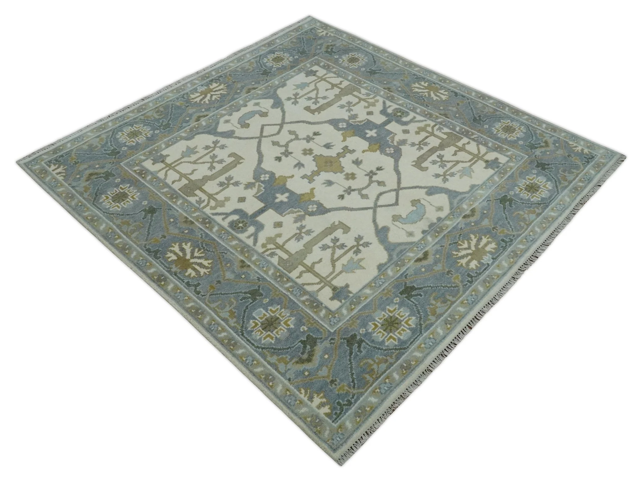 Hand Knotted Oriental Oushak Ivory, Charcoal and Beige Wool Area Rug - Image 9