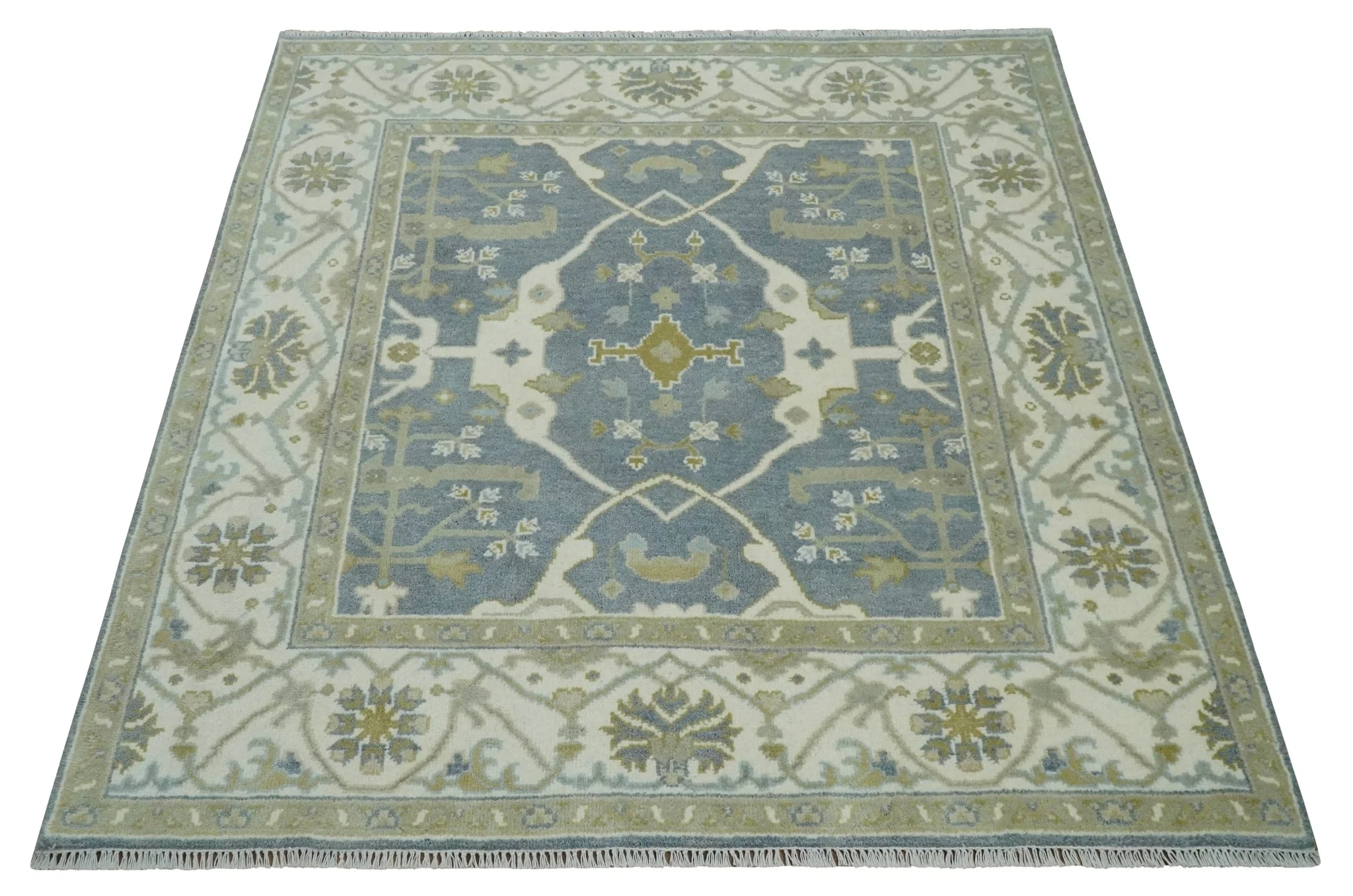 Custom Made Hand Knotted Oriental Oushak Ivory, Charcoal and Olive Wool Area Rug - Image 10