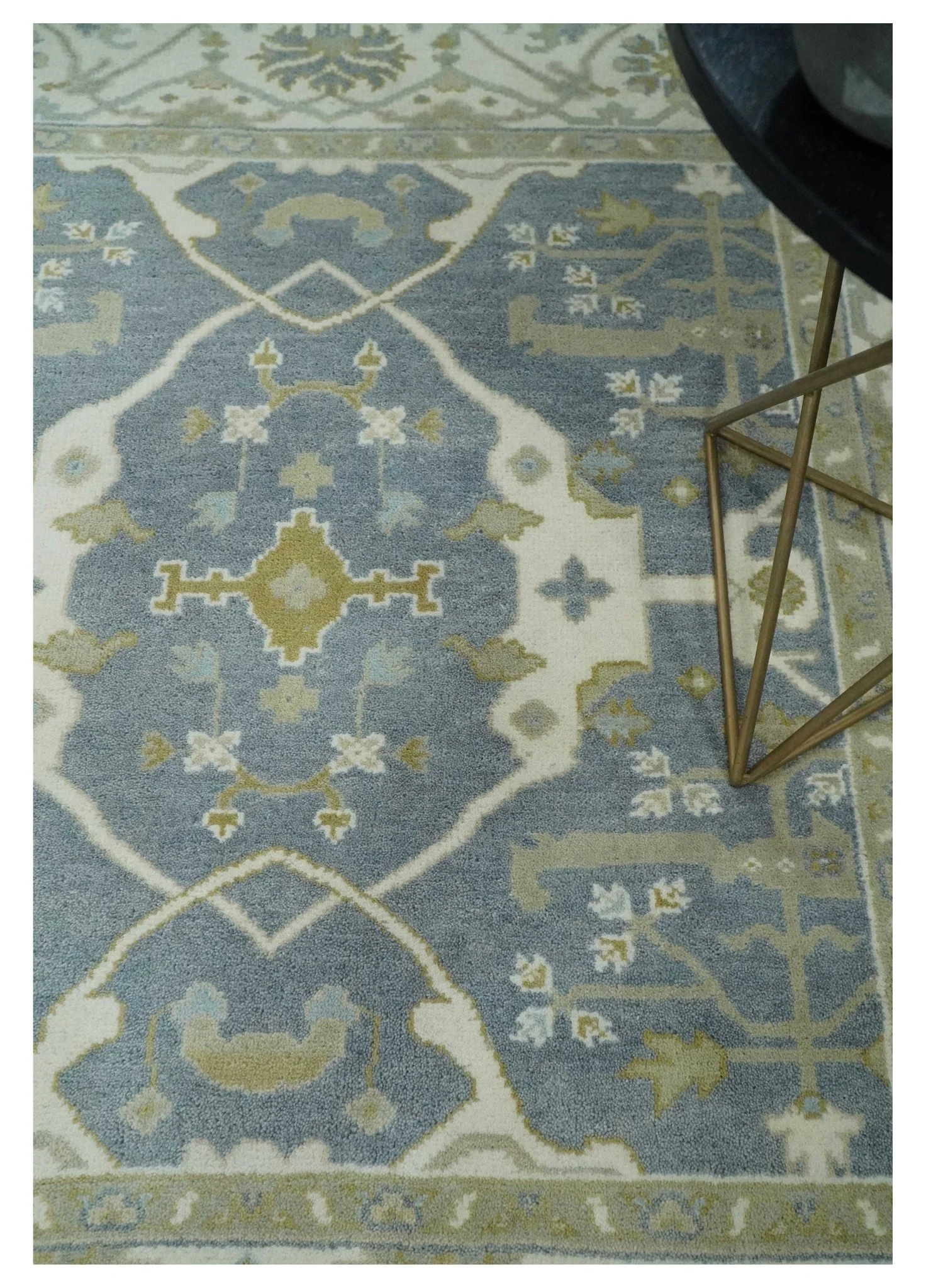 Custom Made Hand Knotted Oriental Oushak Ivory, Charcoal and Olive Wool Area Rug - Image 2