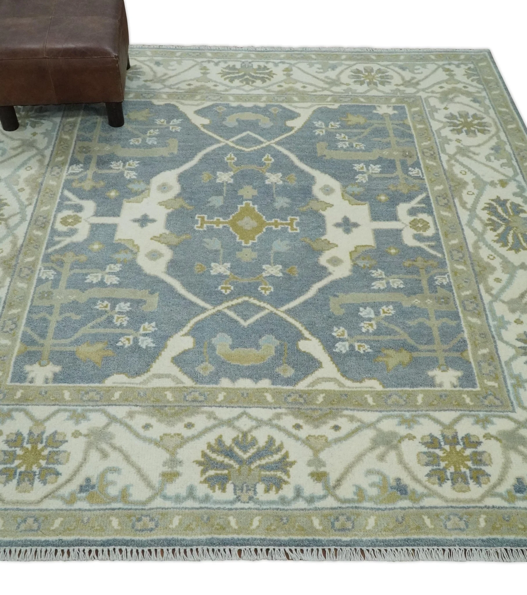 Custom Made Hand Knotted Oriental Oushak Ivory, Charcoal and Olive Wool Area Rug - Image 3