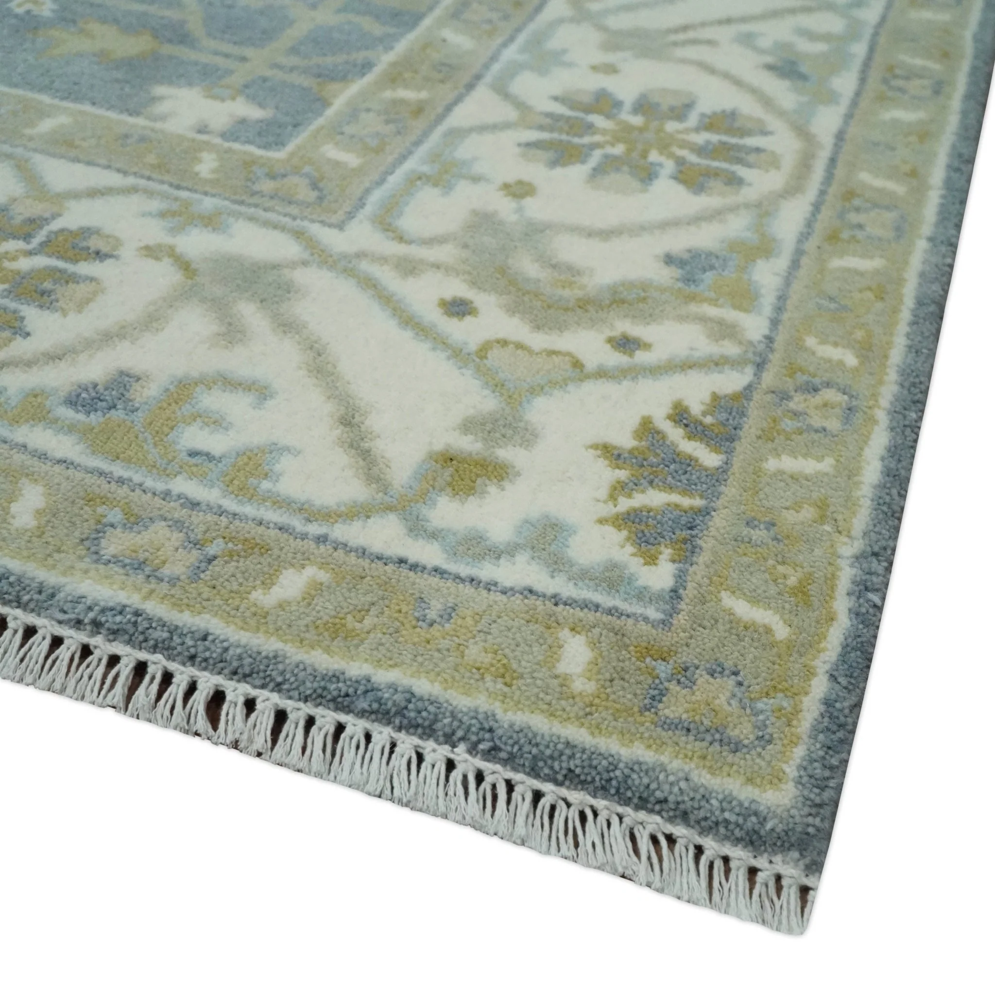 Custom Made Hand Knotted Oriental Oushak Ivory, Charcoal and Olive Wool Area Rug - Image 5