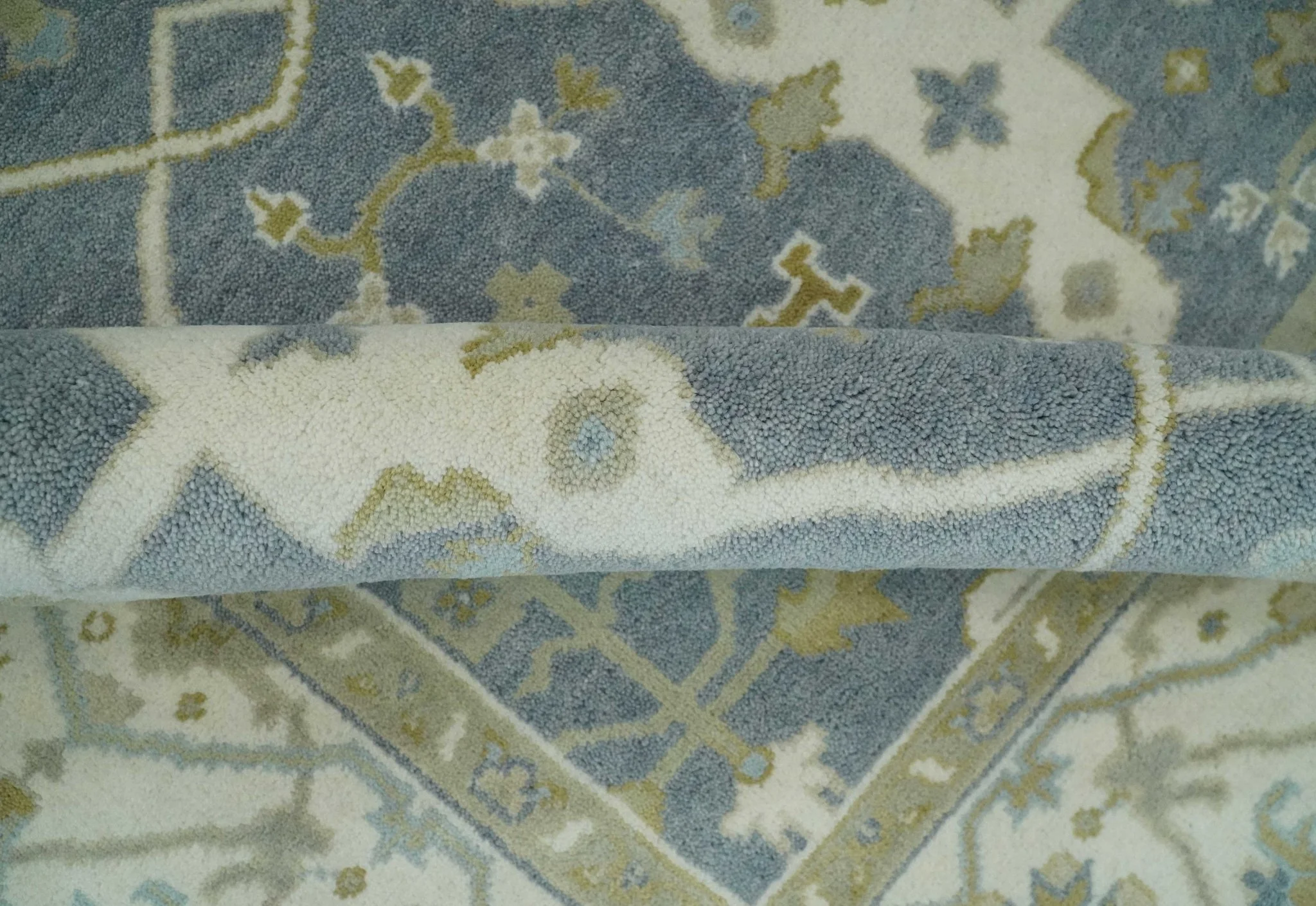 Custom Made Hand Knotted Oriental Oushak Ivory, Charcoal and Olive Wool Area Rug - Image 6