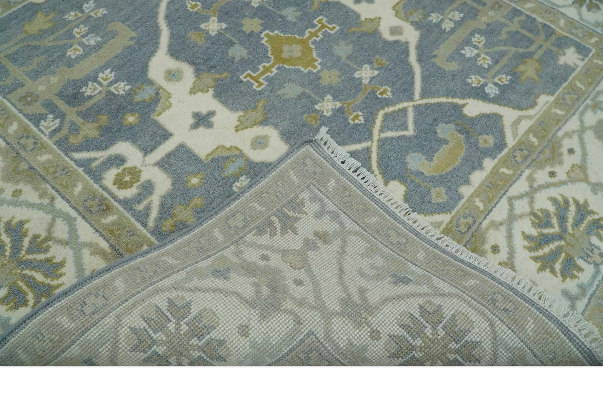 Custom Made Hand Knotted Oriental Oushak Ivory, Charcoal and Olive Wool Area Rug - Image 7