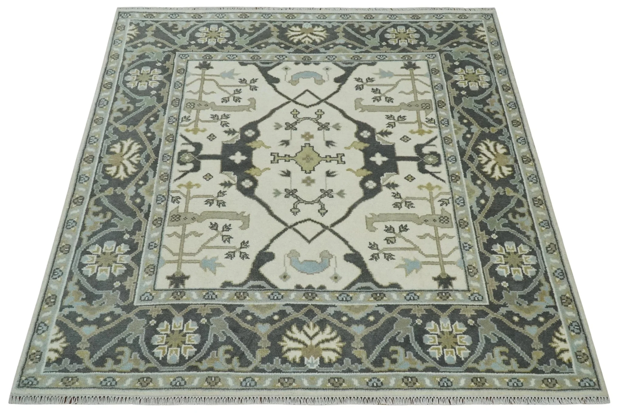 Custom made Hand Knotted Oriental Oushak Ivory, Charcoal and Olive Wool Area Rug - Image 10