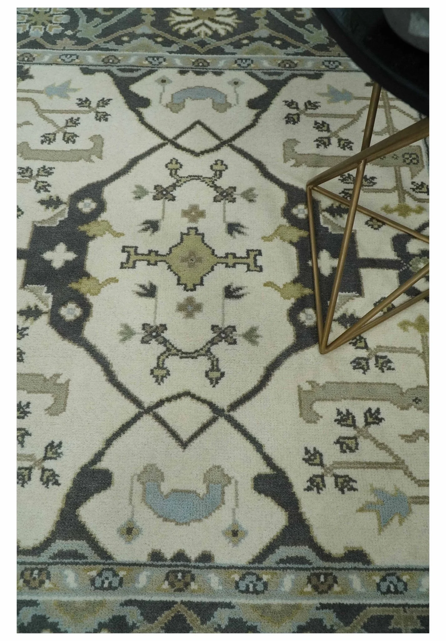 Custom made Hand Knotted Oriental Oushak Ivory, Charcoal and Olive Wool Area Rug - Image 2