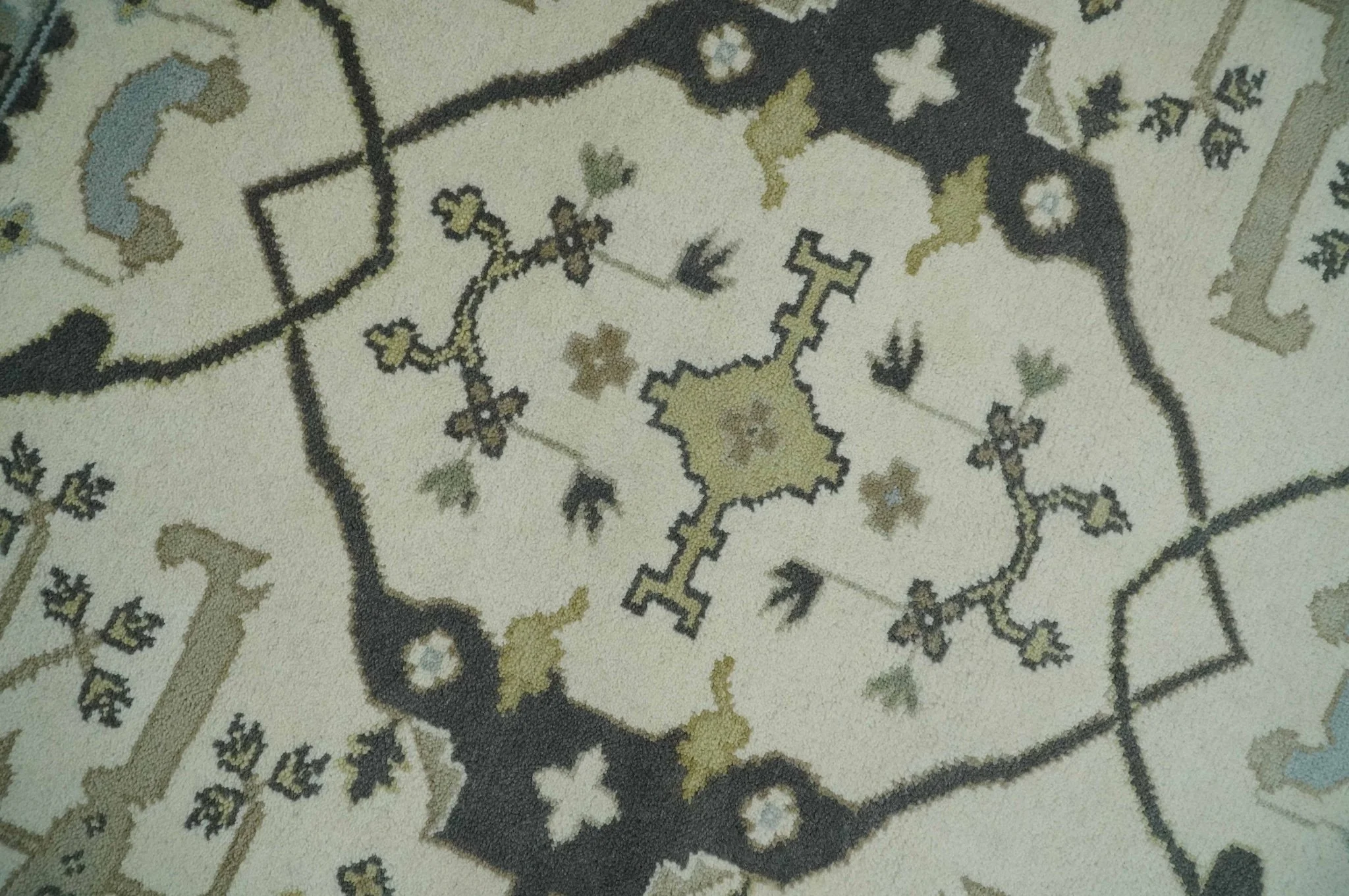 Custom made Hand Knotted Oriental Oushak Ivory, Charcoal and Olive Wool Area Rug - Image 4