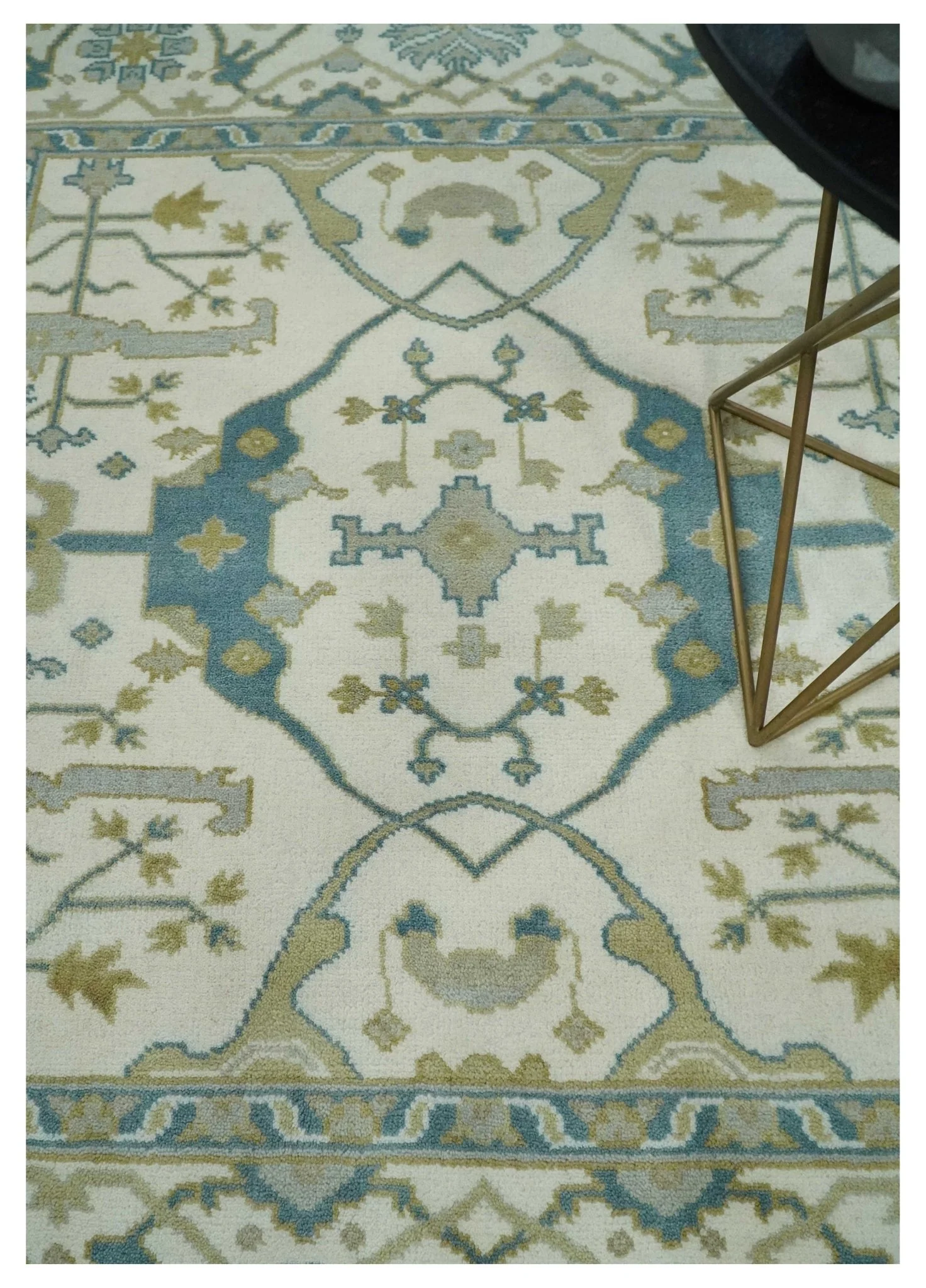 Custom Made Hand Knotted Oriental Oushak Ivory, Teal and Beige Wool Area Rug - Image 2