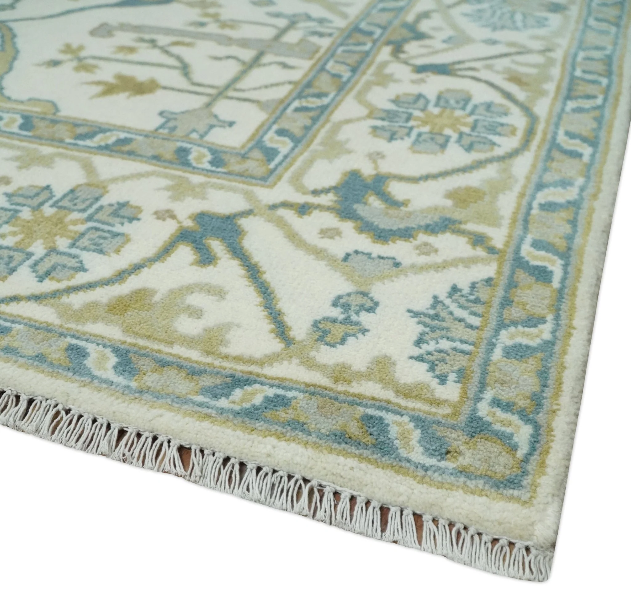 Custom Made Hand Knotted Oriental Oushak Ivory, Teal and Beige Wool Area Rug - Image 5
