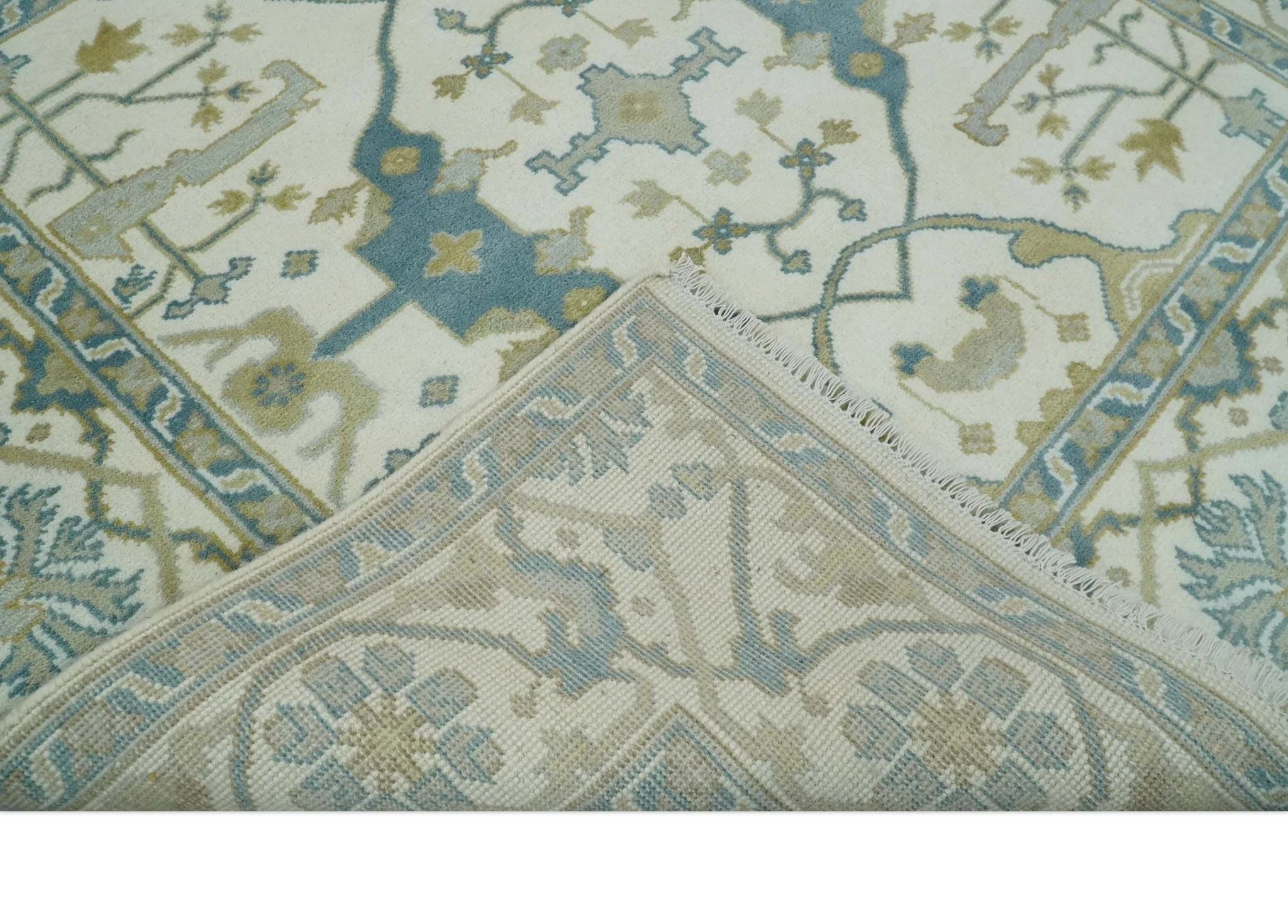 Custom Made Hand Knotted Oriental Oushak Ivory, Teal and Beige Wool Area Rug - Image 7