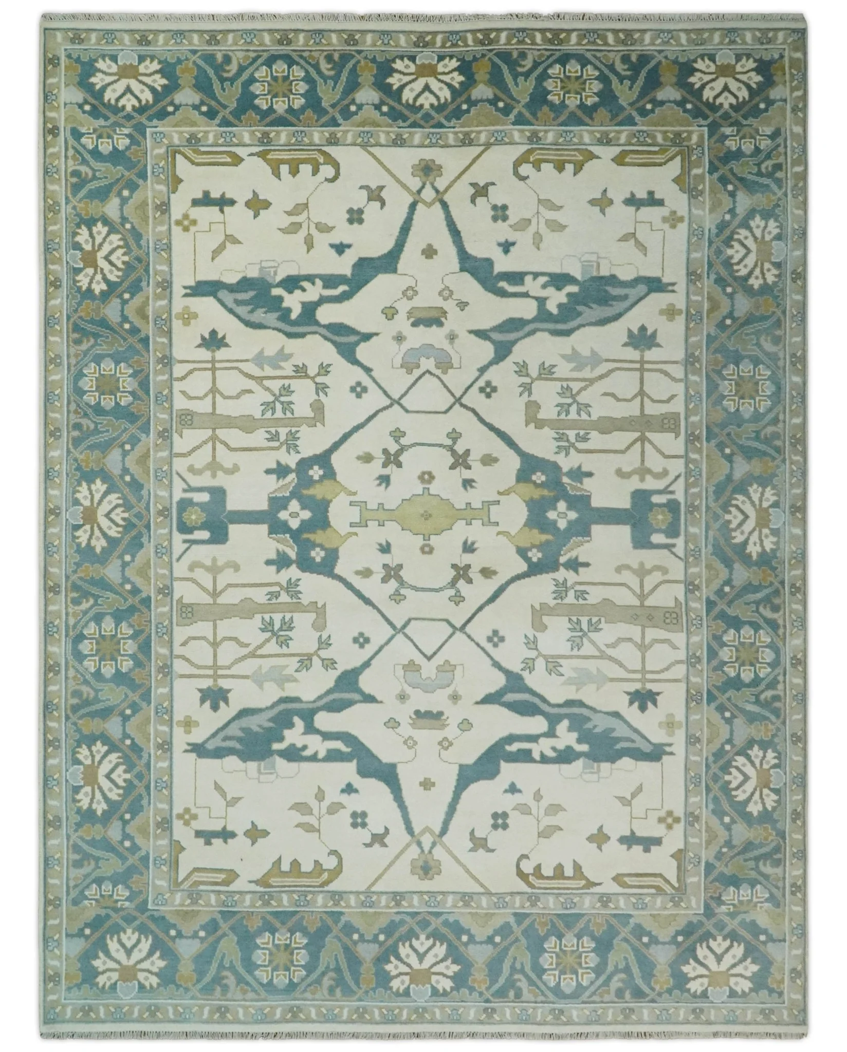 Custom Made Hand Knotted Oriental Oushak Ivory, Teal and Beige Wool Area Rug - Image 11