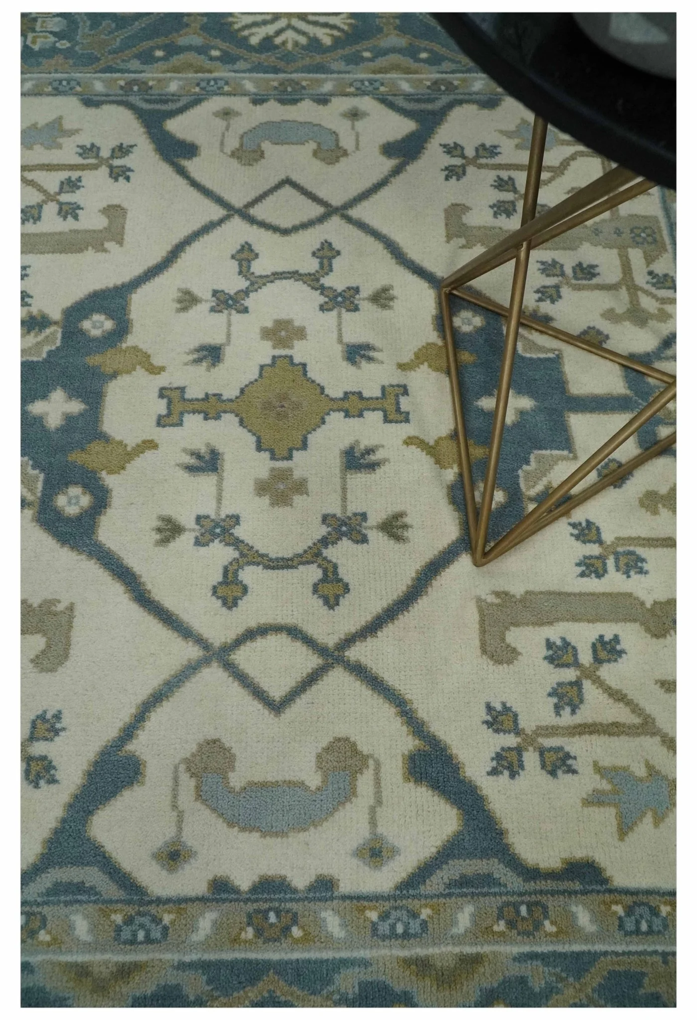 Custom Made Hand Knotted Oriental Oushak Ivory, Teal and Beige Wool Area Rug - Image 2