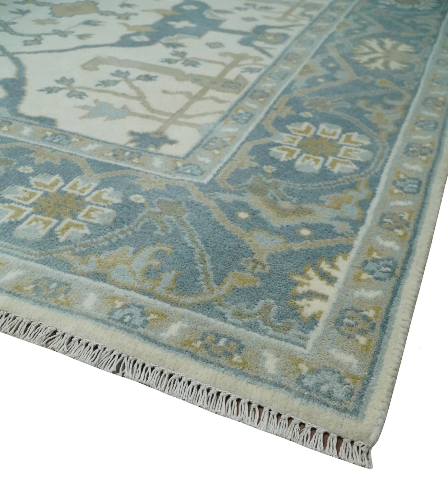 Custom Made Hand Knotted Oriental Oushak Ivory, Teal and Beige Wool Area Rug - Image 5