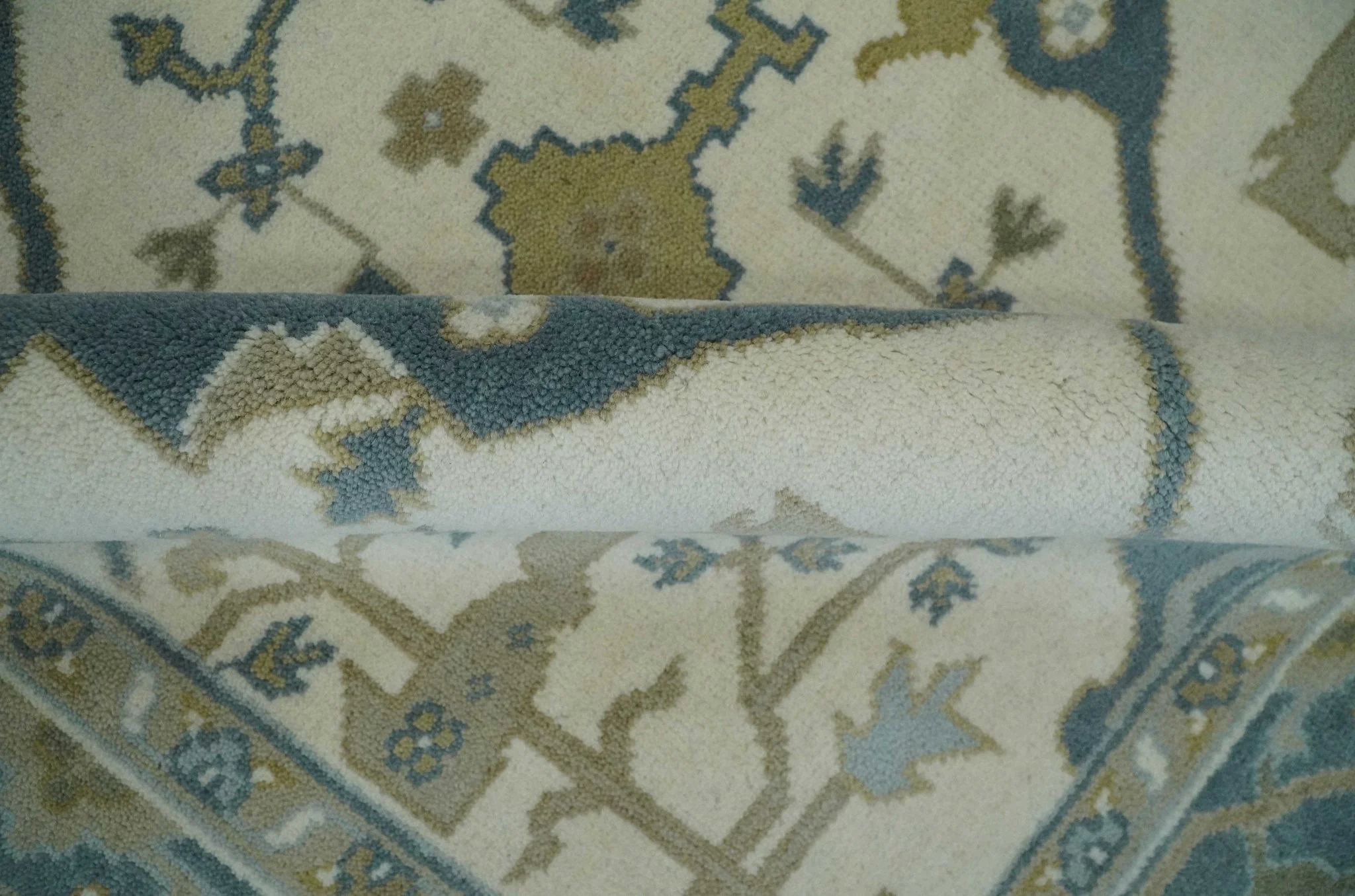 Custom Made Hand Knotted Oriental Oushak Ivory, Teal and Beige Wool Area Rug - Image 7