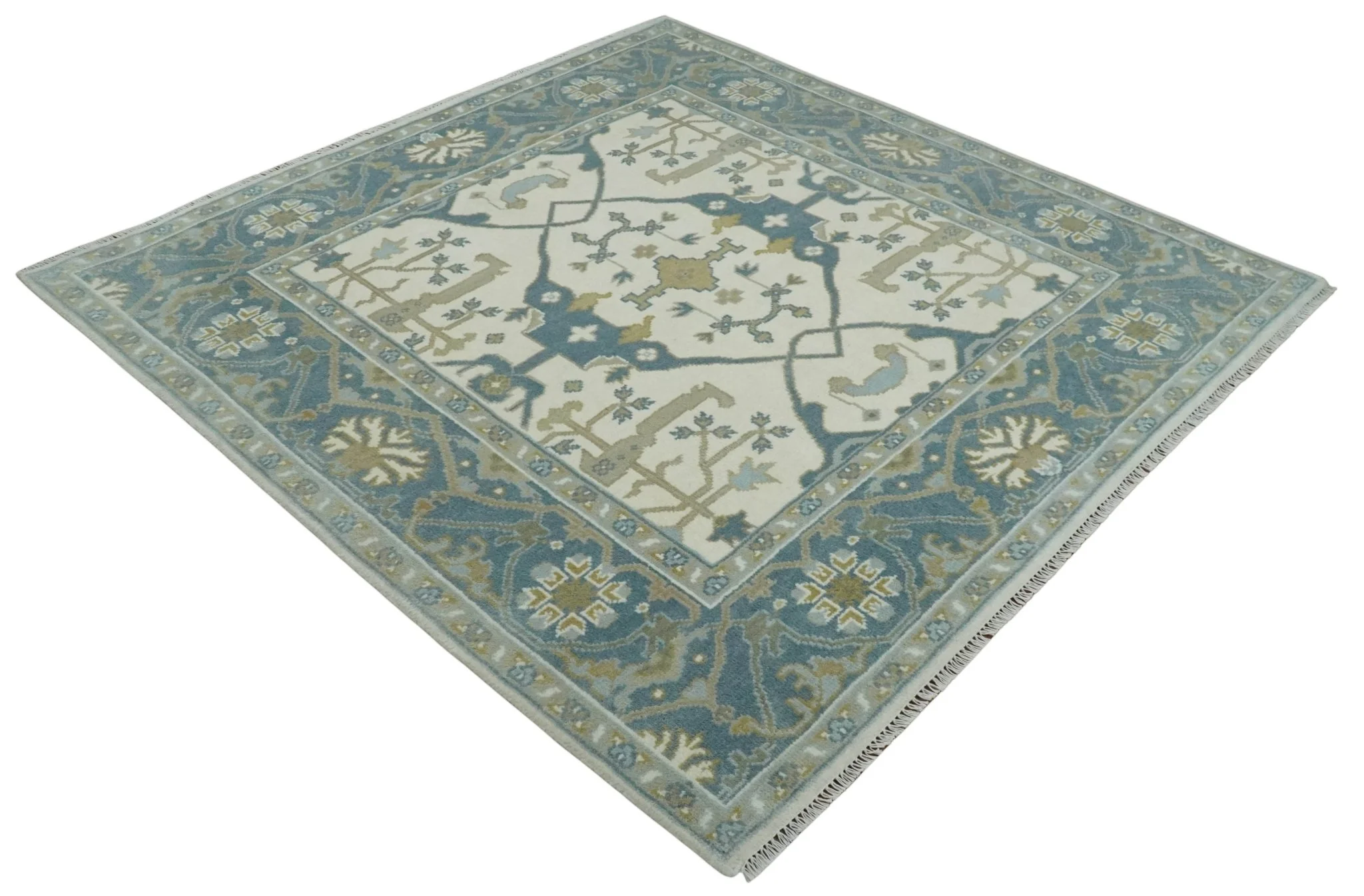 Custom Made Hand Knotted Oriental Oushak Ivory, Teal and Beige Wool Area Rug - Image 8