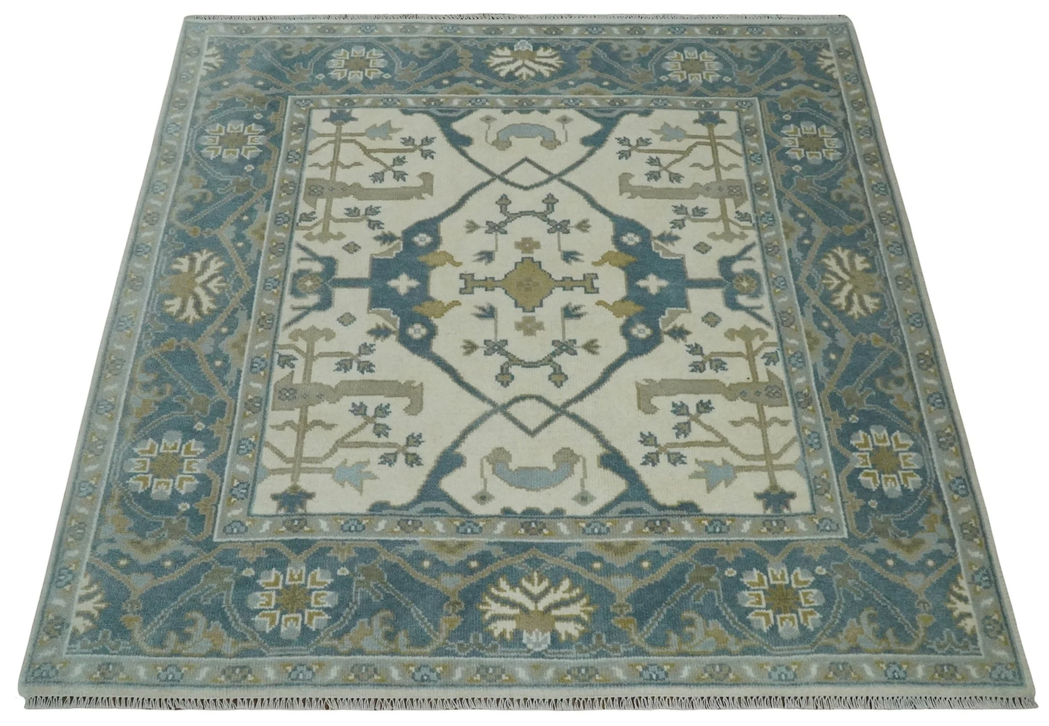 Custom Made Hand Knotted Oriental Oushak Ivory, Teal and Beige Wool Area Rug - Image 9
