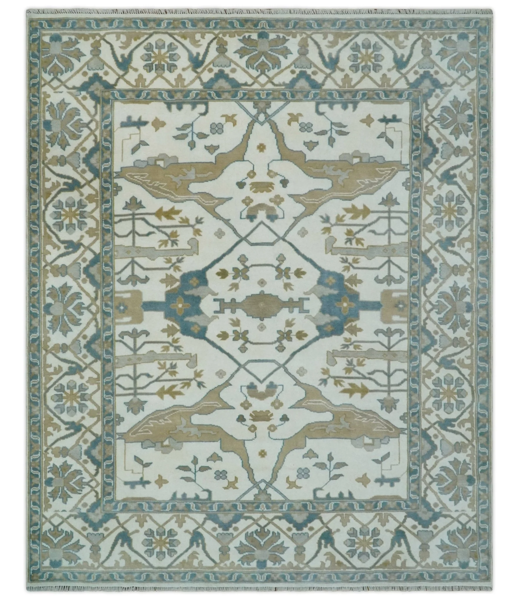 Custom Made Hand Knotted Oriental Oushak Ivory, Teal and Beige Wool Area Rug - Image 12