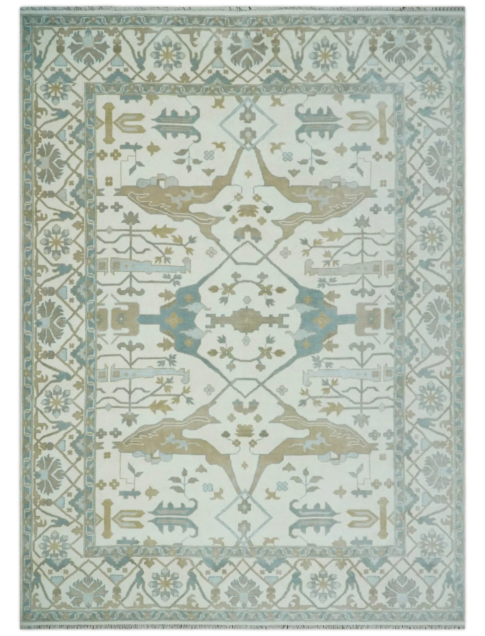 Custom Made Hand Knotted Oriental Oushak Ivory, Teal and Beige Wool Area Rug - Image 13