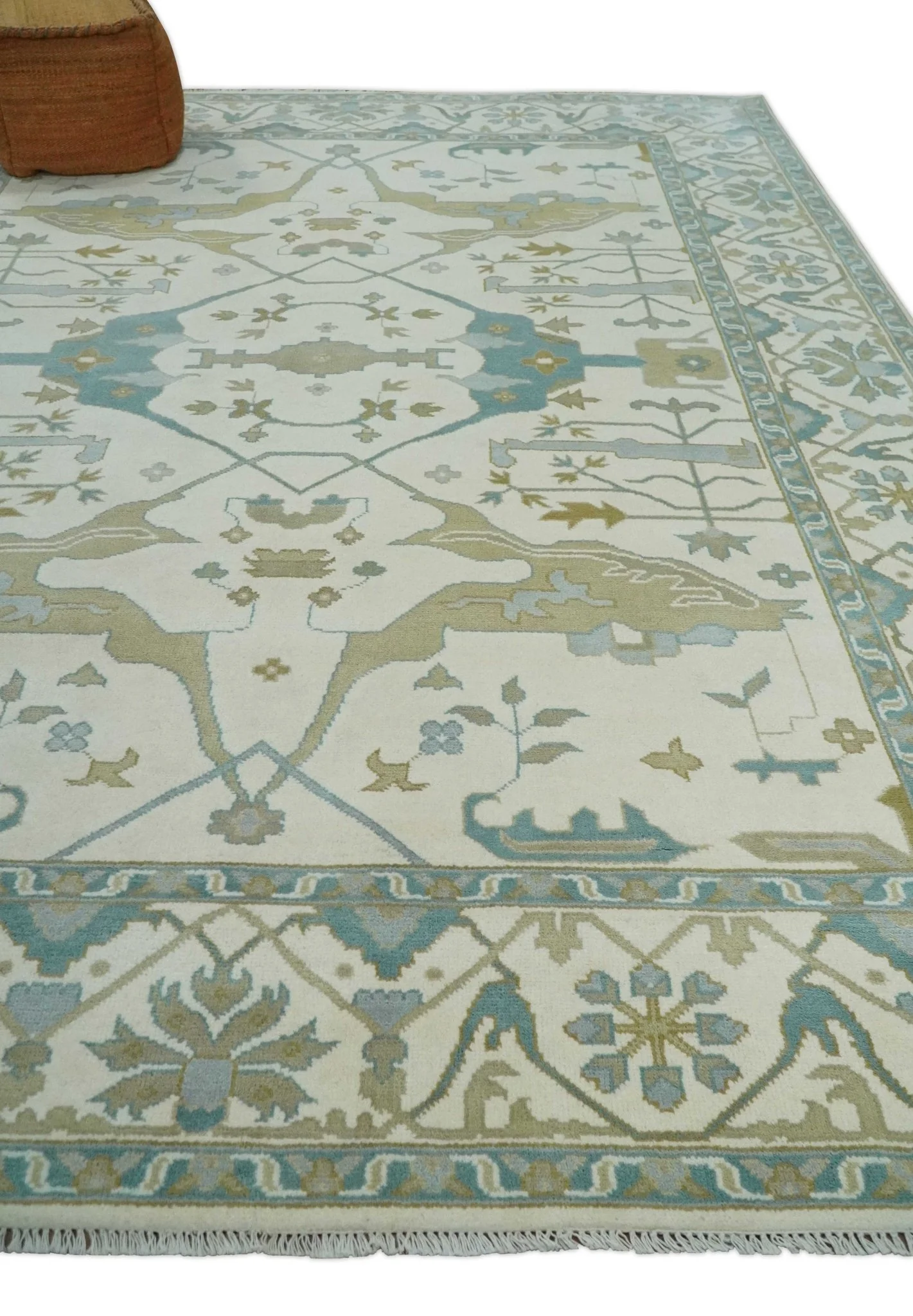 Custom Made Hand Knotted Oriental Oushak Ivory, Teal and Beige Wool Area Rug - Image 3