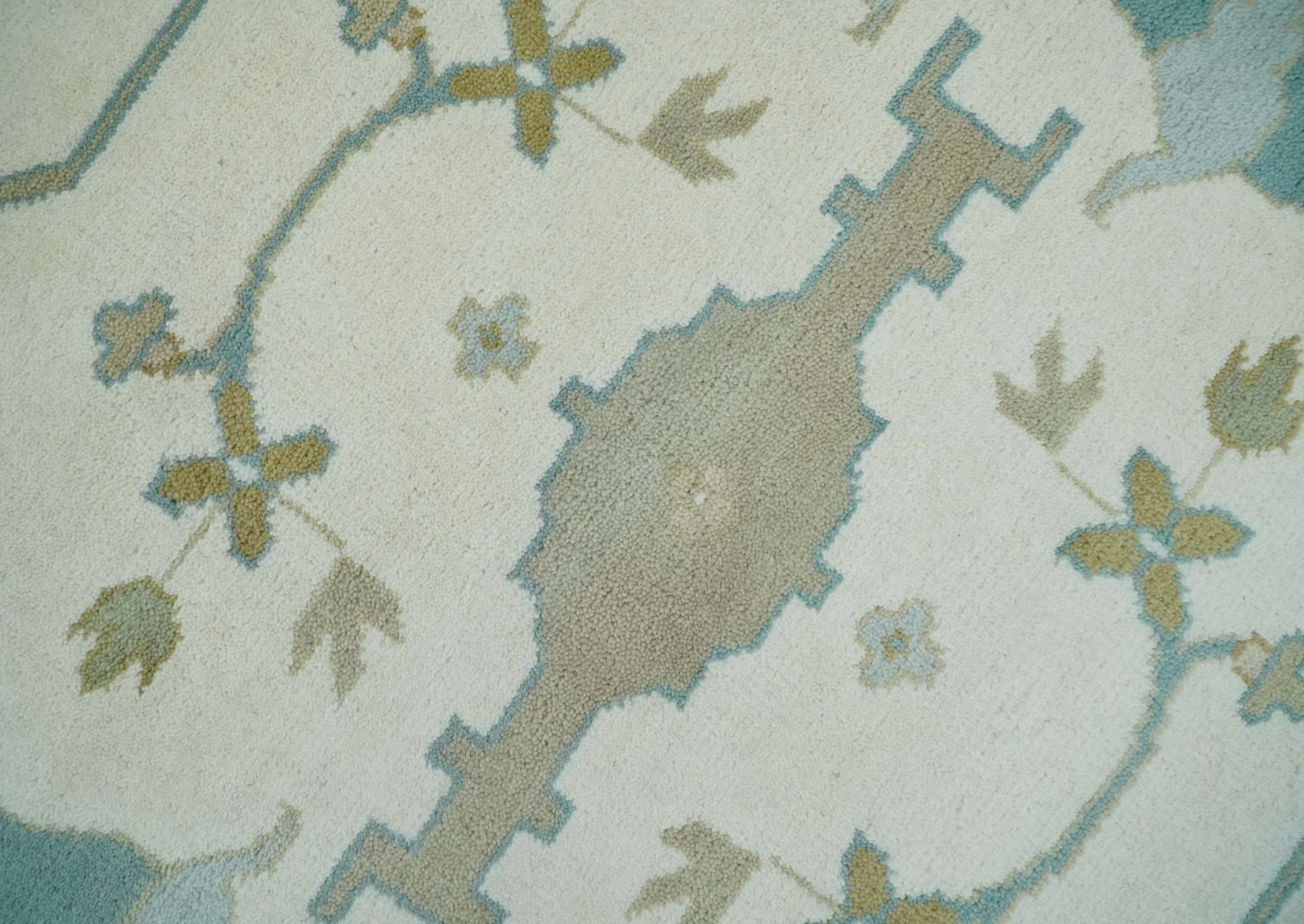 Custom Made Hand Knotted Oriental Oushak Ivory, Teal and Beige Wool Area Rug - Image 4