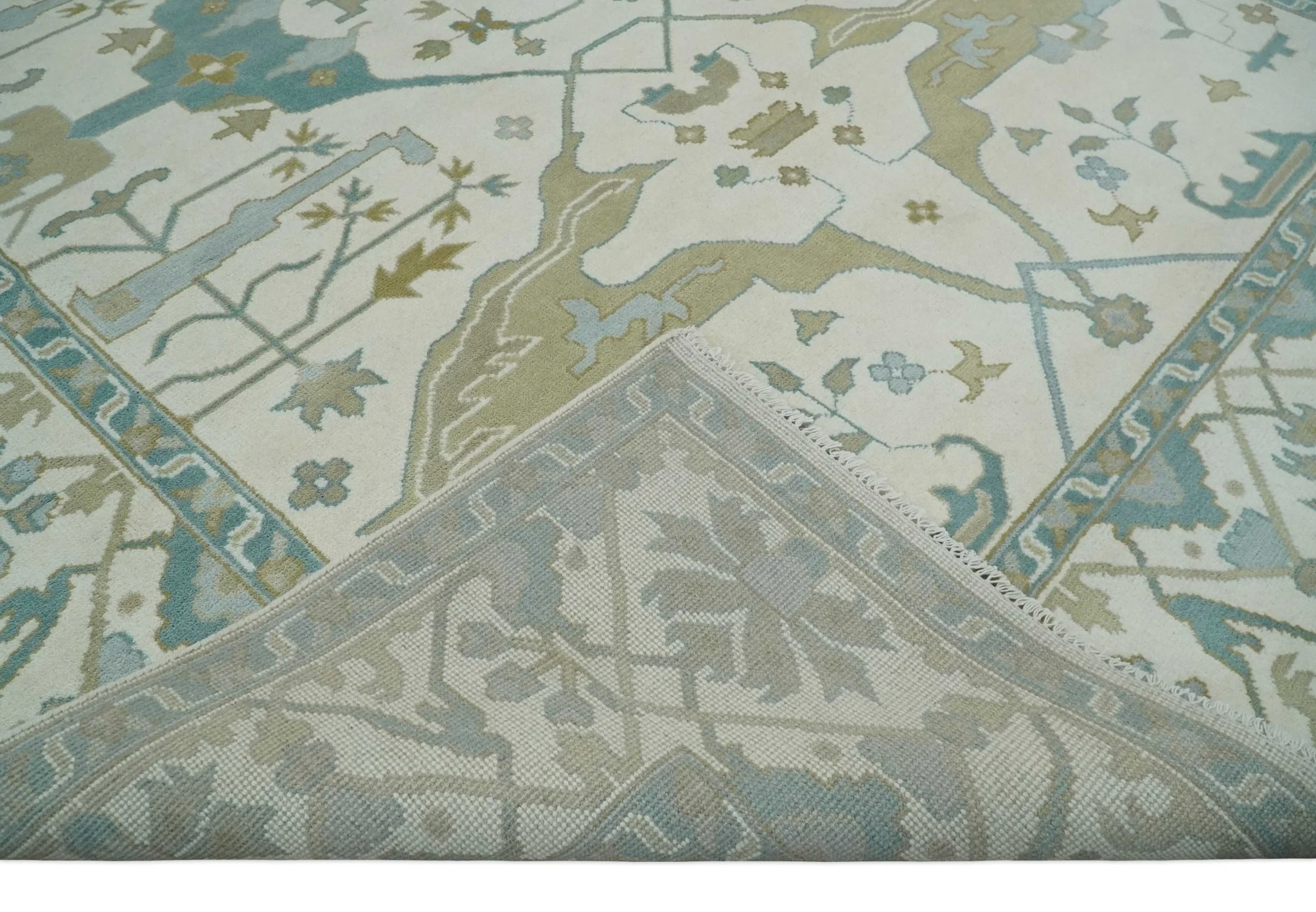 Custom Made Hand Knotted Oriental Oushak Ivory, Teal and Beige Wool Area Rug - Image 7