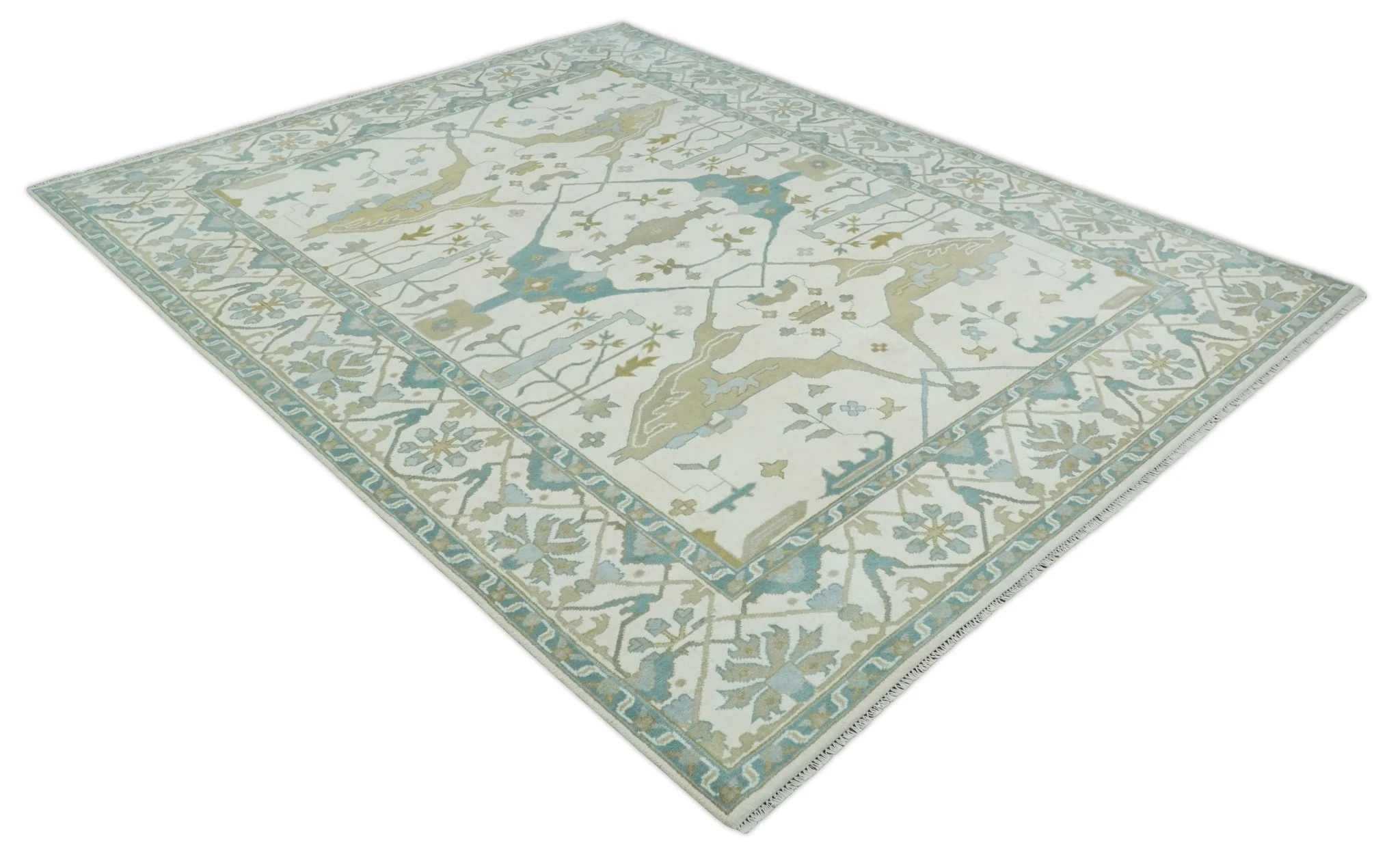 Custom Made Hand Knotted Oriental Oushak Ivory, Teal and Beige Wool Area Rug - Image 9