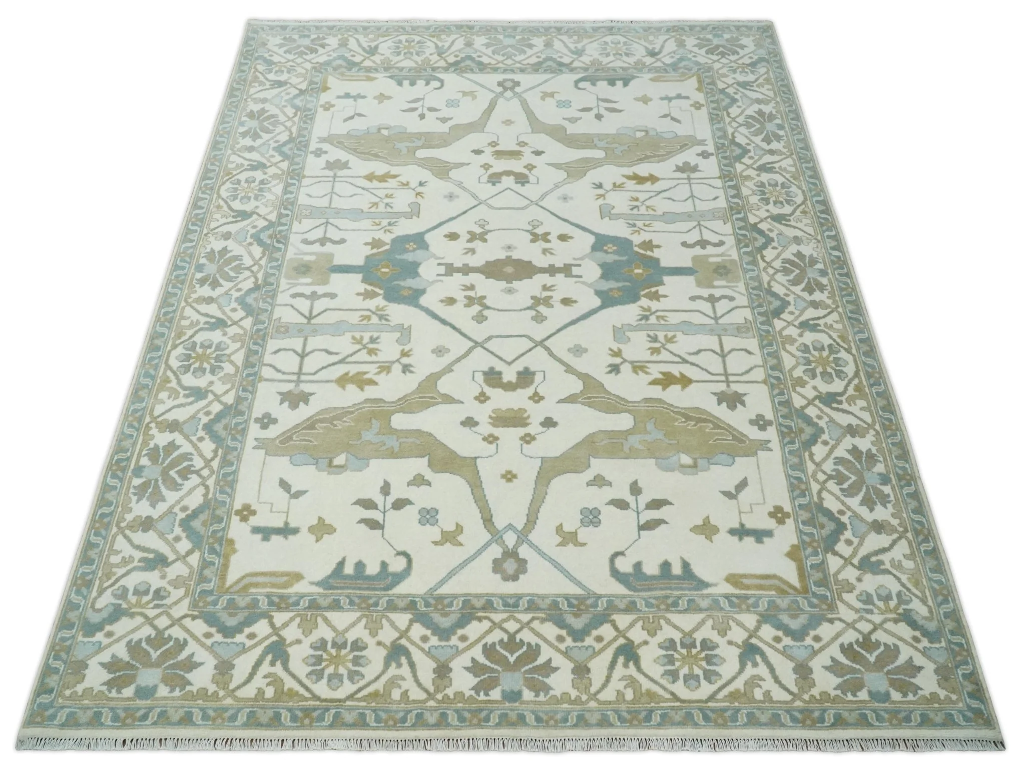9x12 Hand Knotted Oriental Oushak Ivory, Teal and Beige Wool Area Rug - Image 10