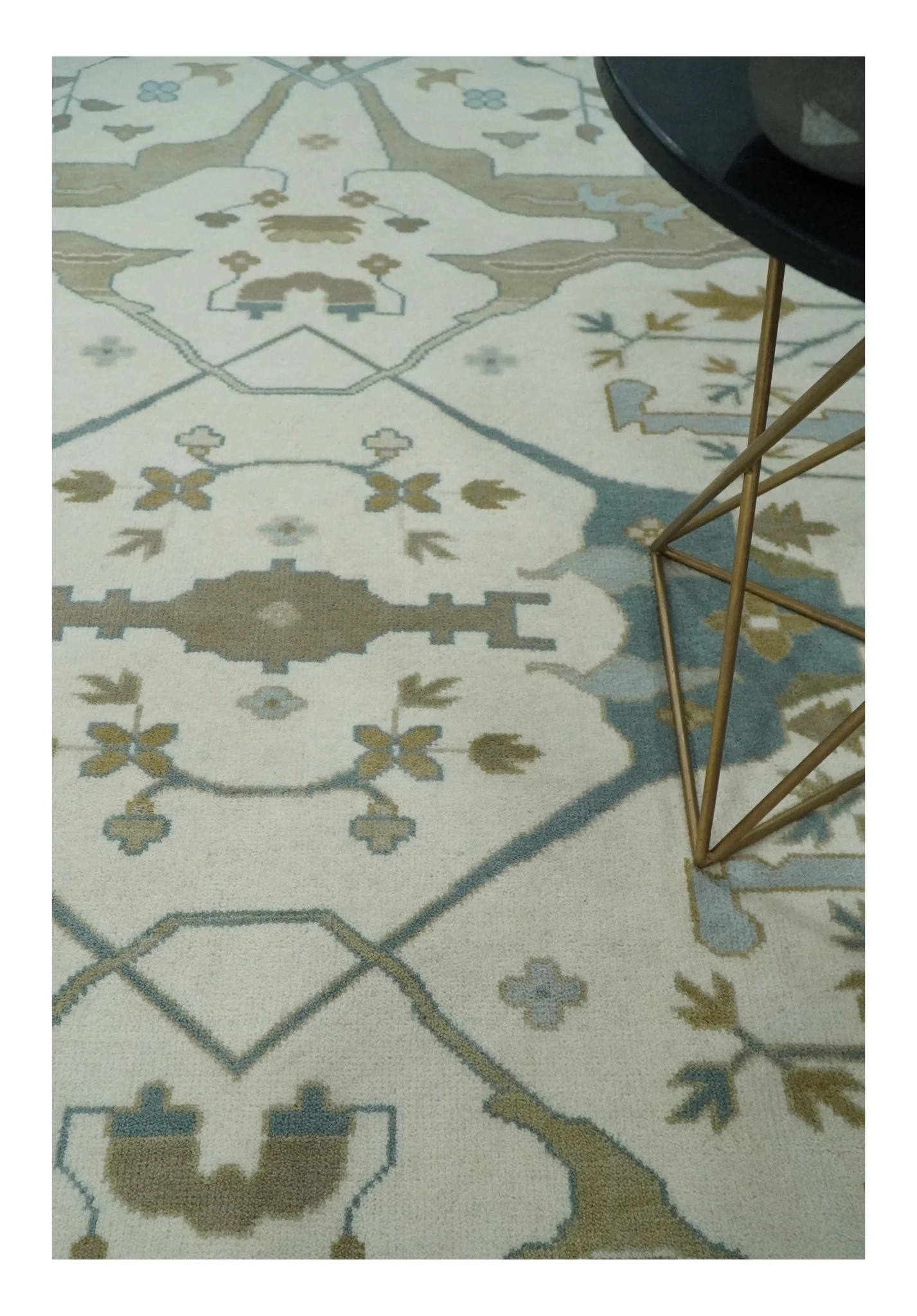 9x12 Hand Knotted Oriental Oushak Ivory, Teal and Beige Wool Area Rug - Image 2