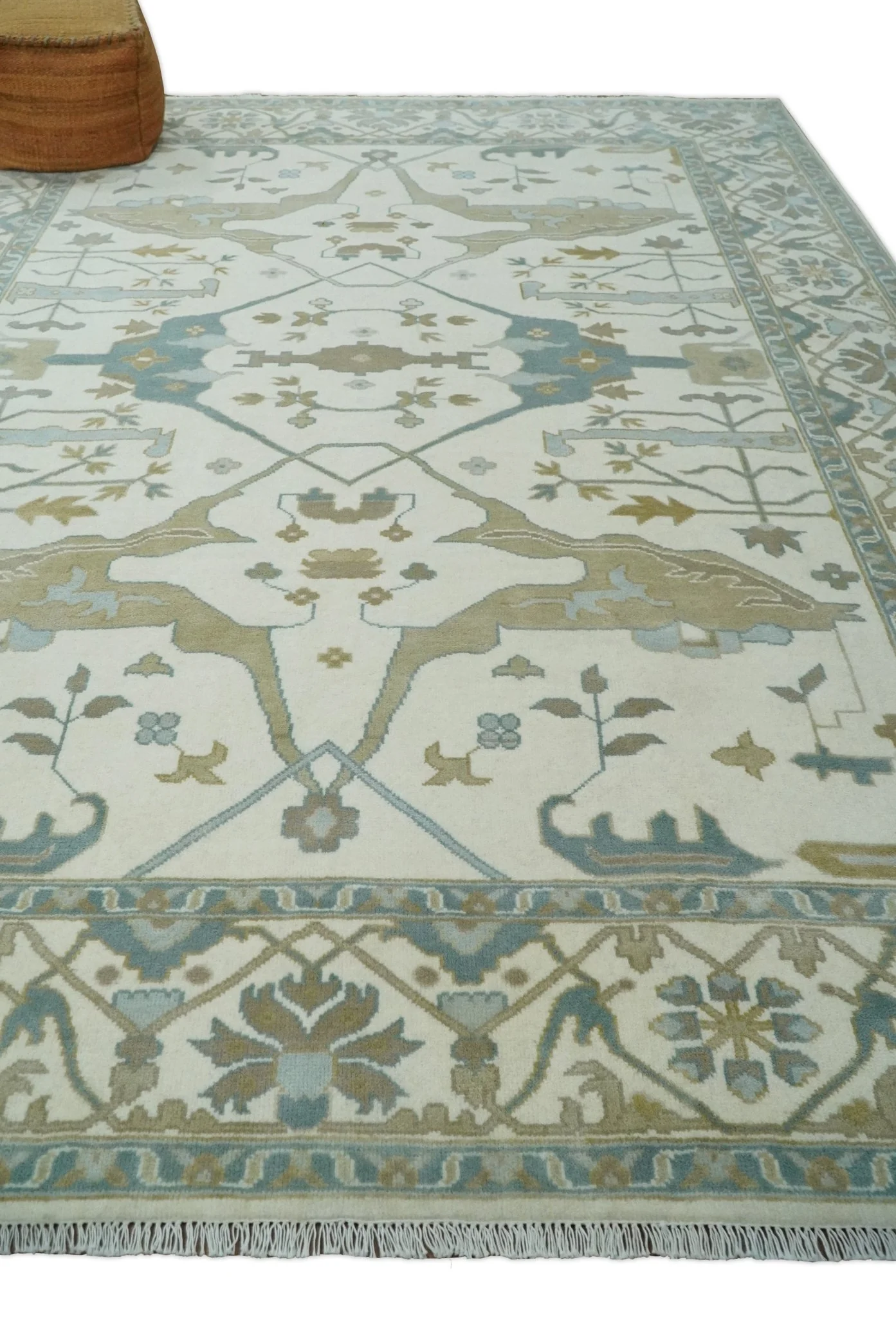 9x12 Hand Knotted Oriental Oushak Ivory, Teal and Beige Wool Area Rug - Image 3
