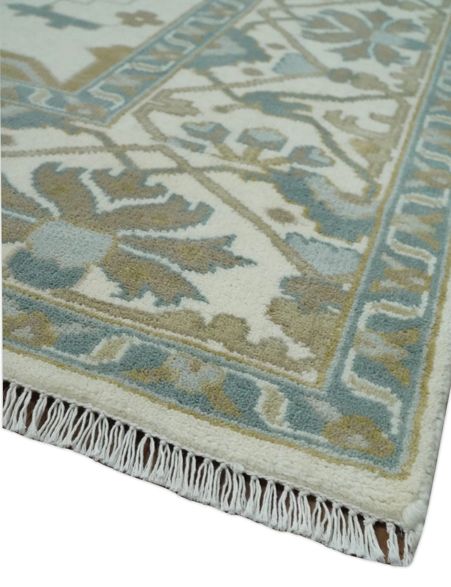 9x12 Hand Knotted Oriental Oushak Ivory, Teal and Beige Wool Area Rug - Image 5