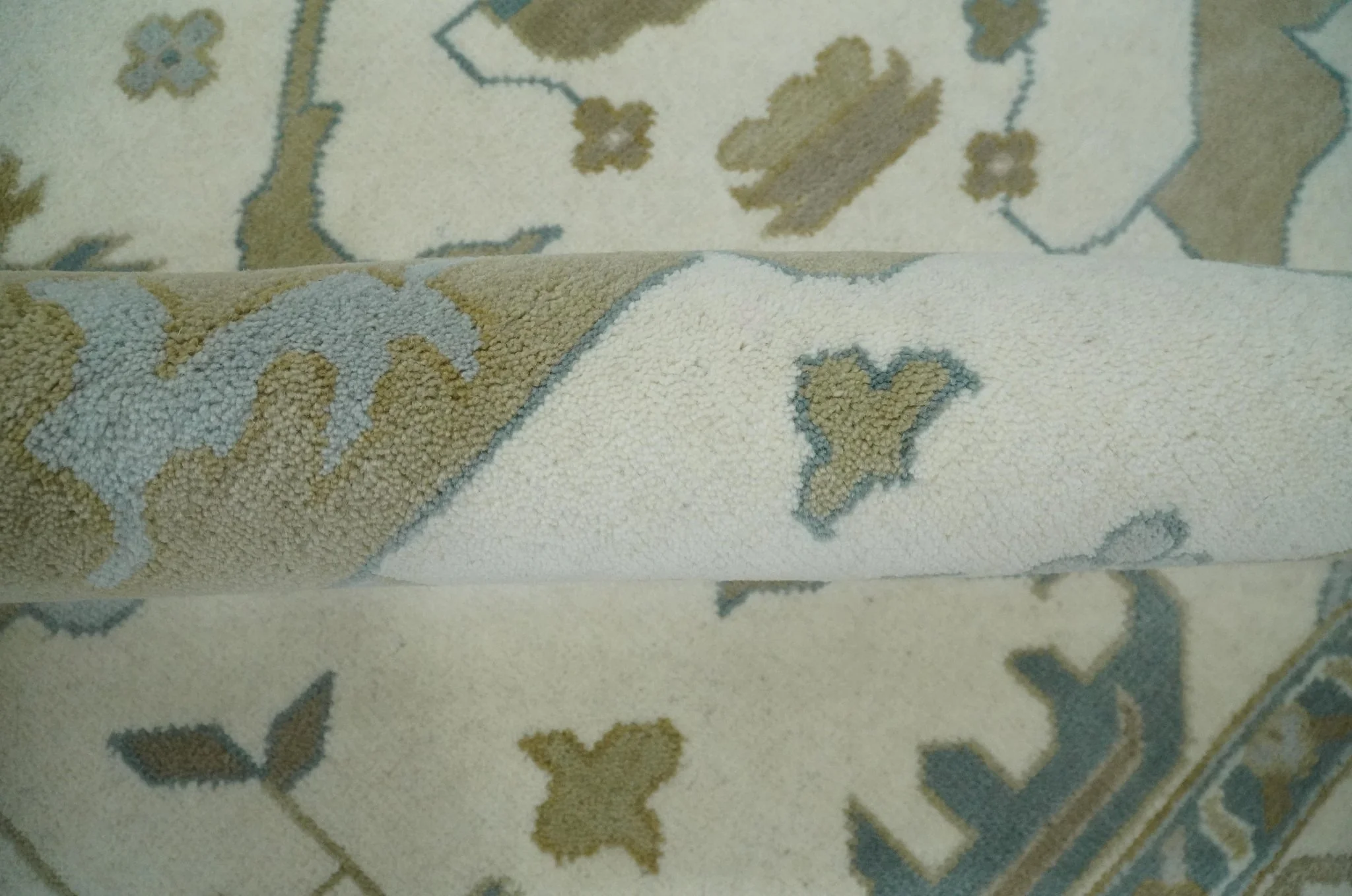 9x12 Hand Knotted Oriental Oushak Ivory, Teal and Beige Wool Area Rug - Image 6