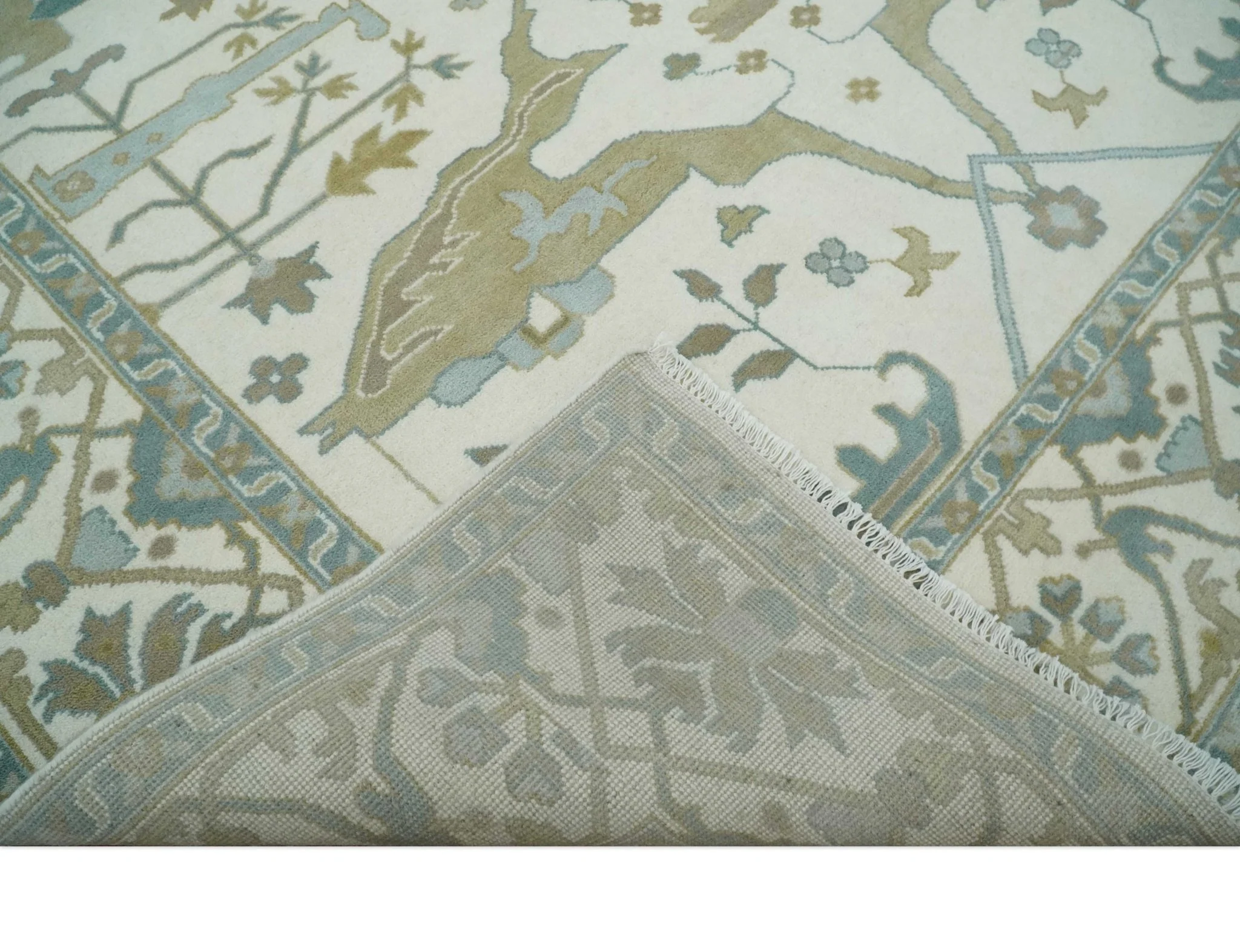 9x12 Hand Knotted Oriental Oushak Ivory, Teal and Beige Wool Area Rug - Image 7