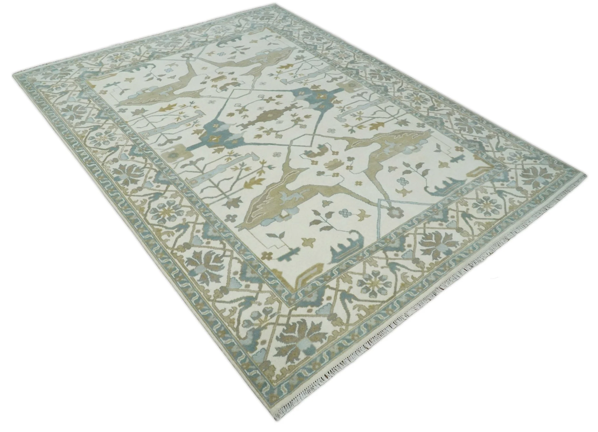 9x12 Hand Knotted Oriental Oushak Ivory, Teal and Beige Wool Area Rug - Image 9