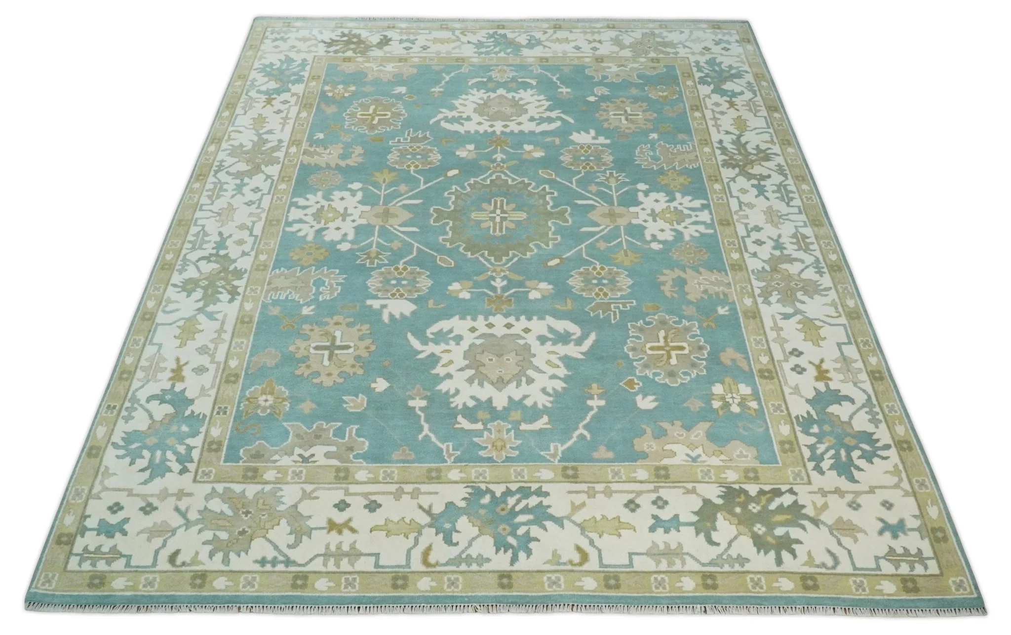 Hand Knotted Oriental Oushak Teal, Ivory and Beige Wool Area Rug - Image 10