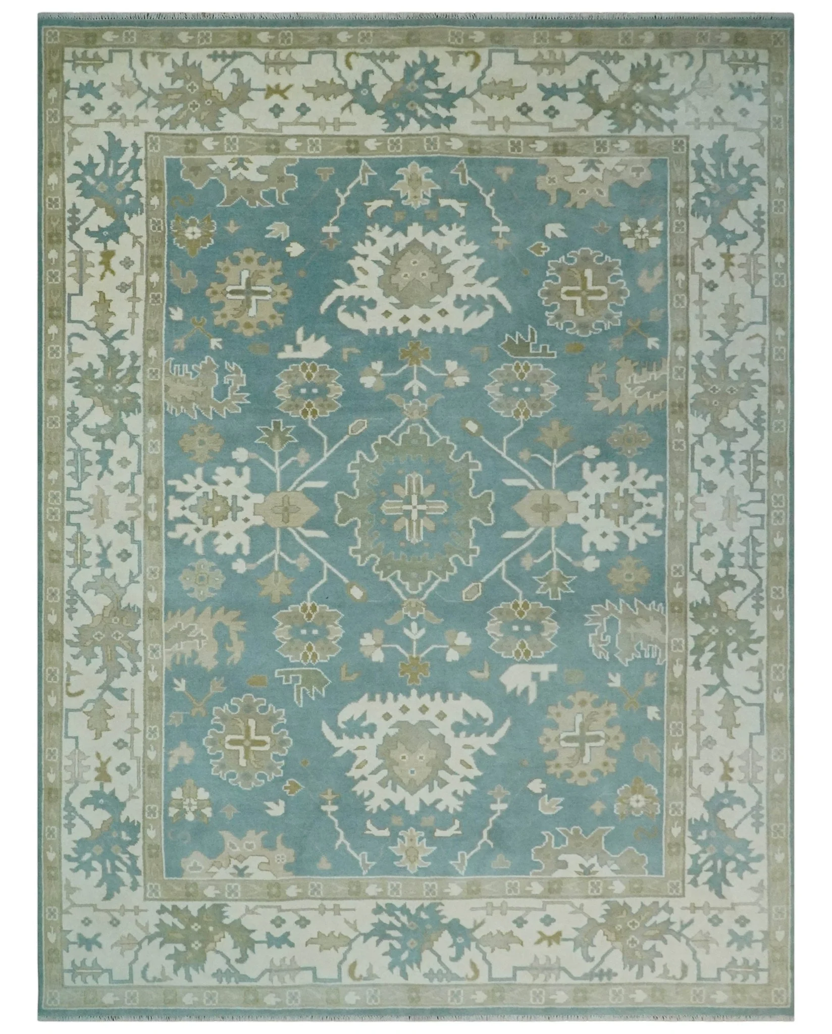 Hand Knotted Oriental Oushak Teal, Ivory and Beige Wool Area Rug - Image 11