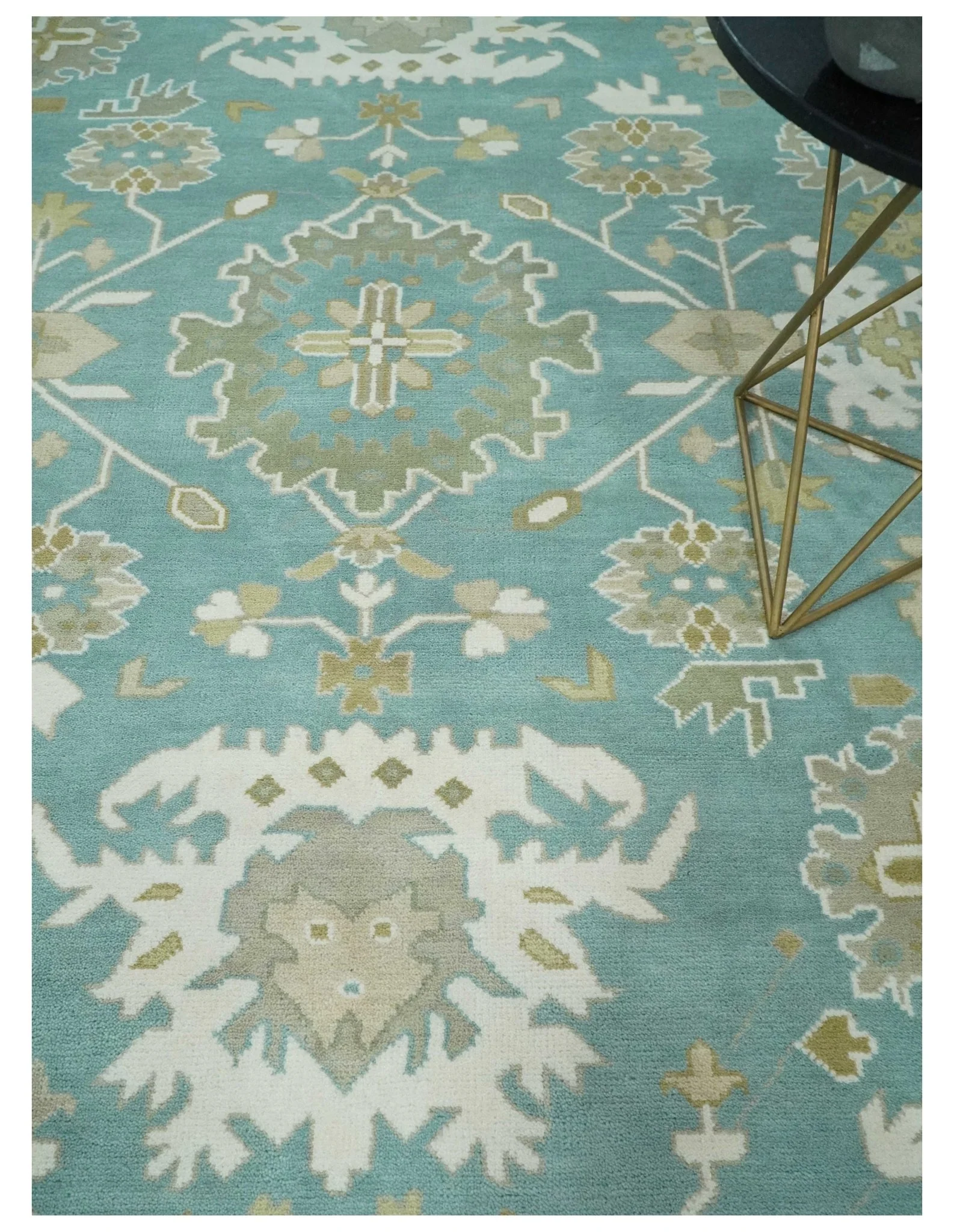 Hand Knotted Oriental Oushak Teal, Ivory and Beige Wool Area Rug - Image 2